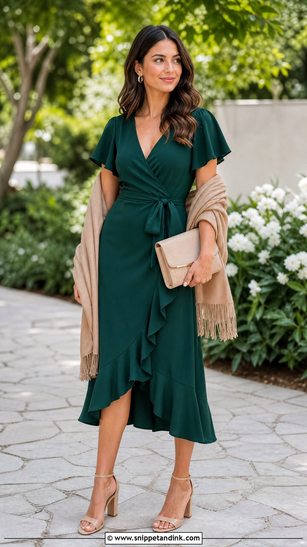 Emerald Green Wrap Dress With Nude Block Heels - Snippet and Ink - 25 Emerald Green Dress Outfit Wedding Ideas