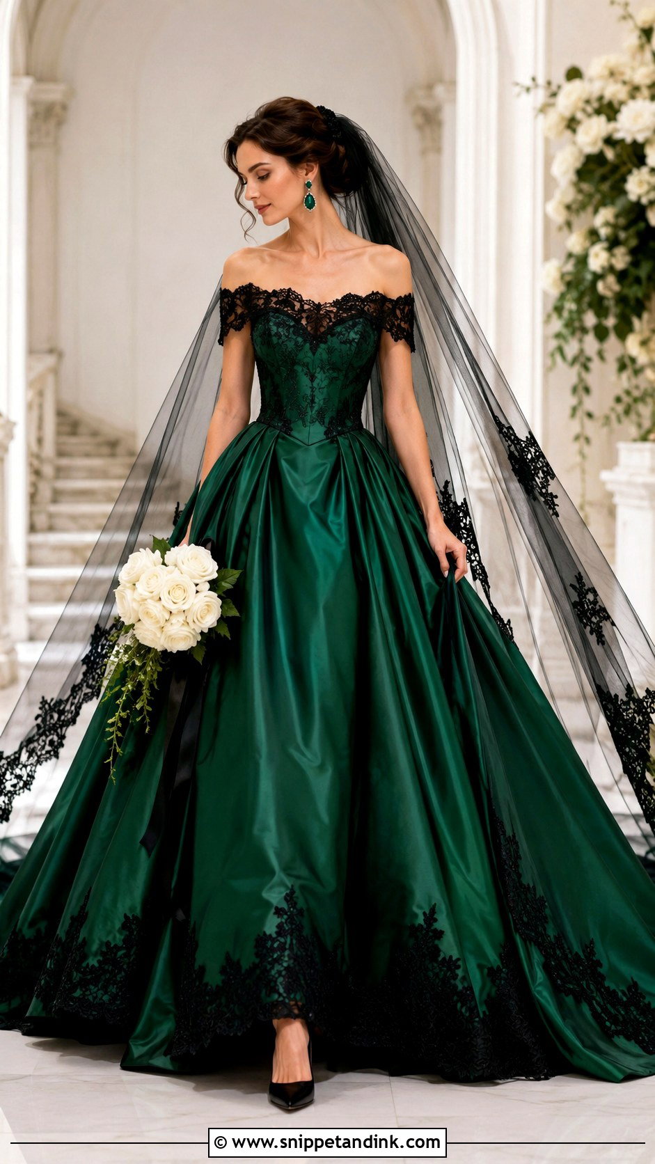 Emerald Green and Black Off the Shoulder Wedding Dress - Snippet and Ink - 20 Black and Green Wedding Dress Ideas