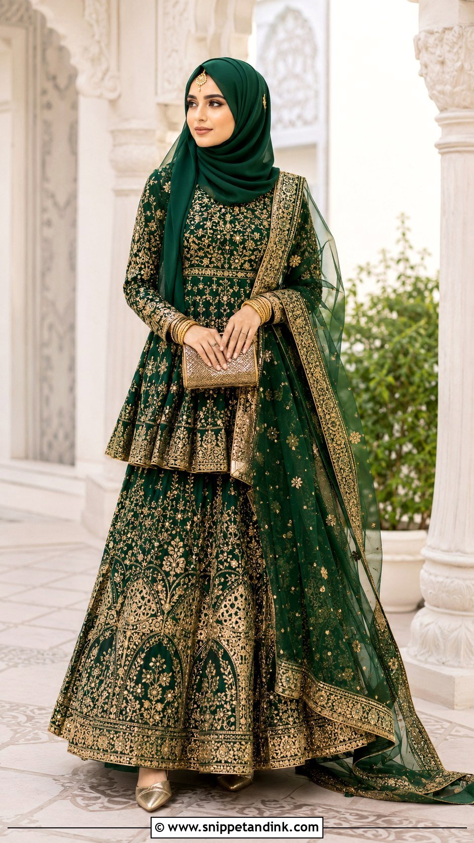 Emerald Islamic Bridal Lehenga With Gold Hijab - Snippet and Ink - 20 Islamic Bride Dress Ideas