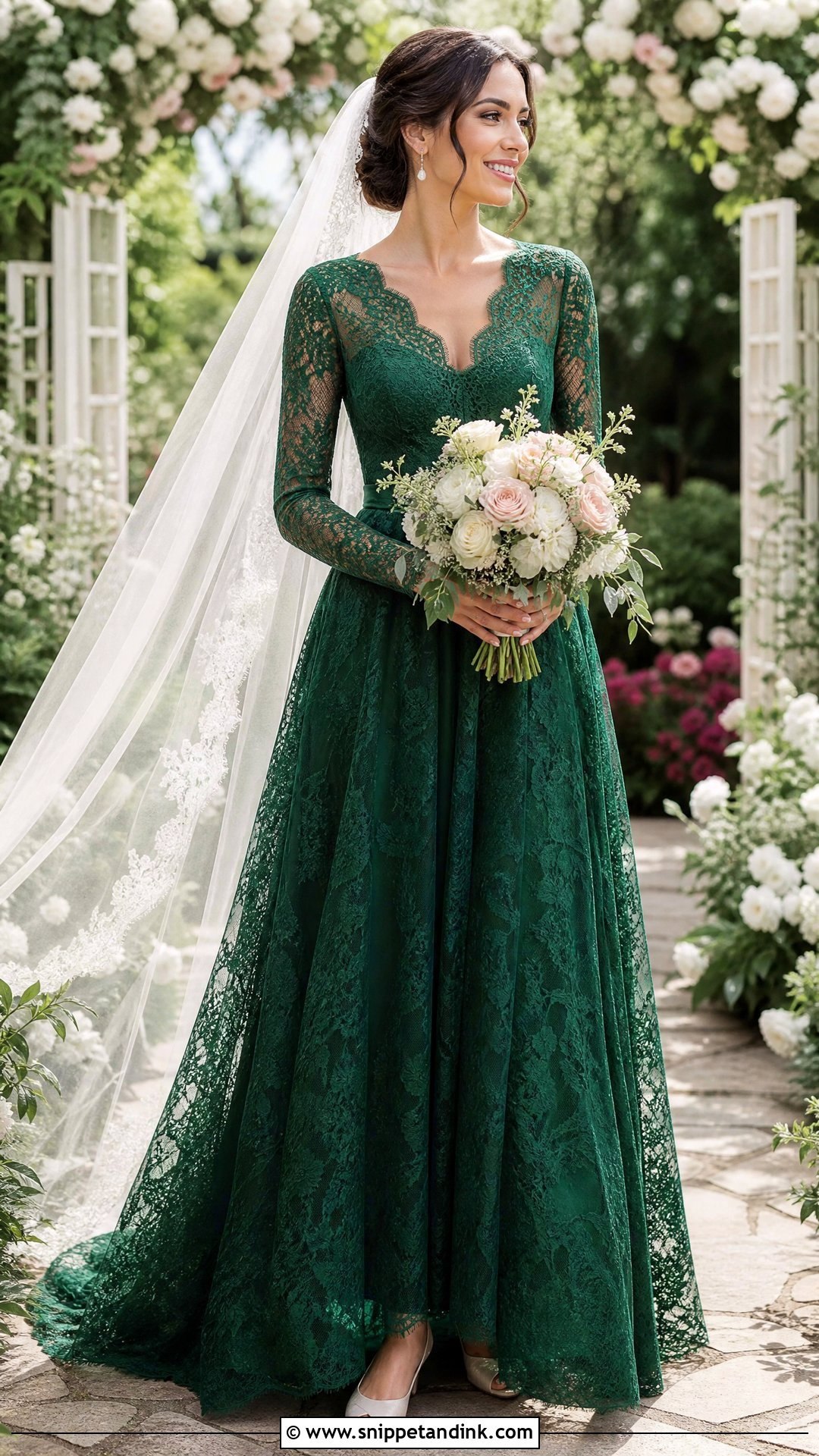Emerald Lace A Line Wedding Dress - Snippet and Ink - 25 Emerald Wedding Dress Ideas