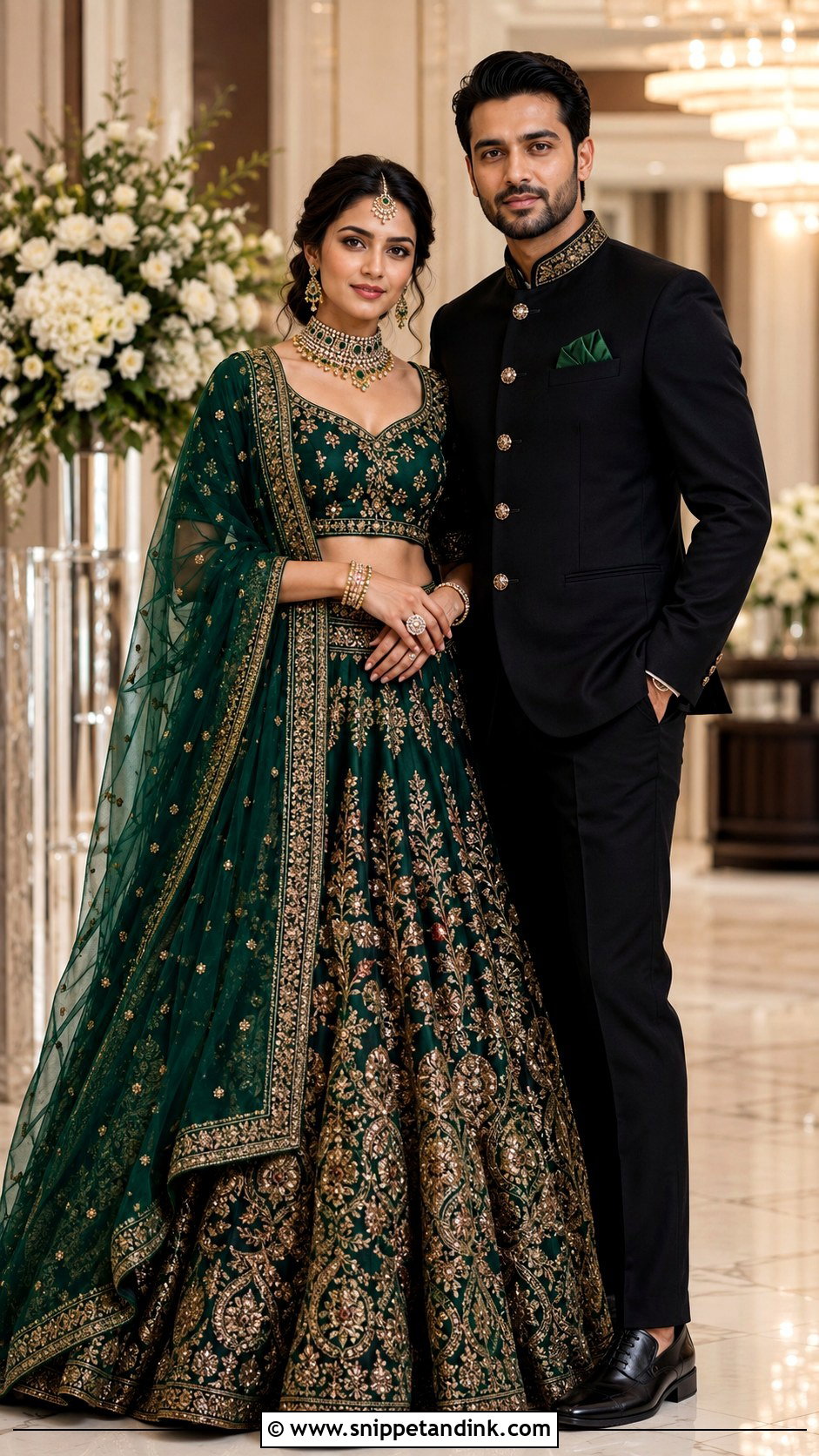 Emerald Lehenga And Black Bandhgala Couple Outfit - Snippet and Ink - 20 Indian Wedding Couple Outfits