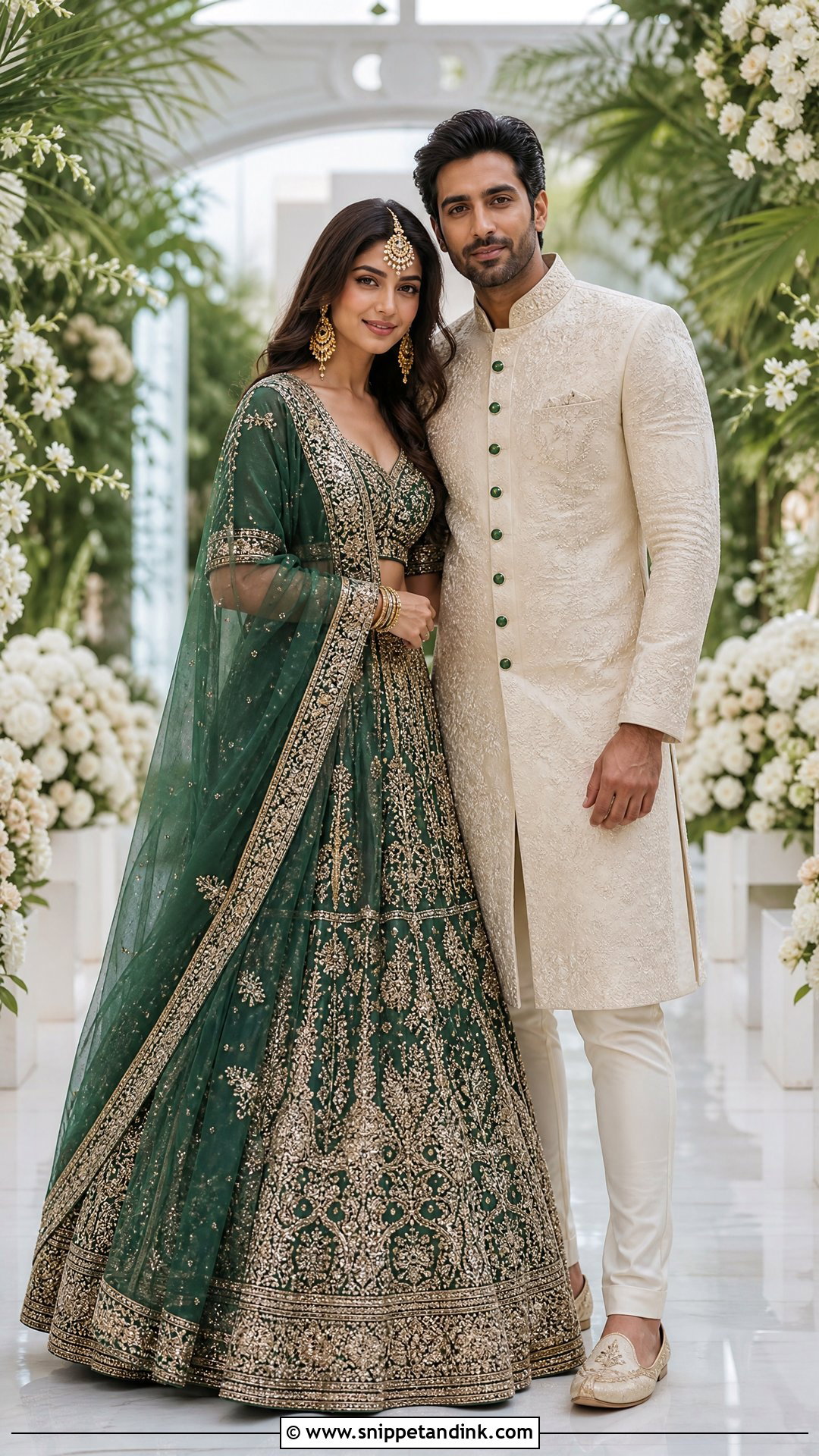 Emerald Lehenga And Ivory Sherwani Sangeet Couple Outfit - Snippet and Ink - 25 Sangeet Couple Outfits