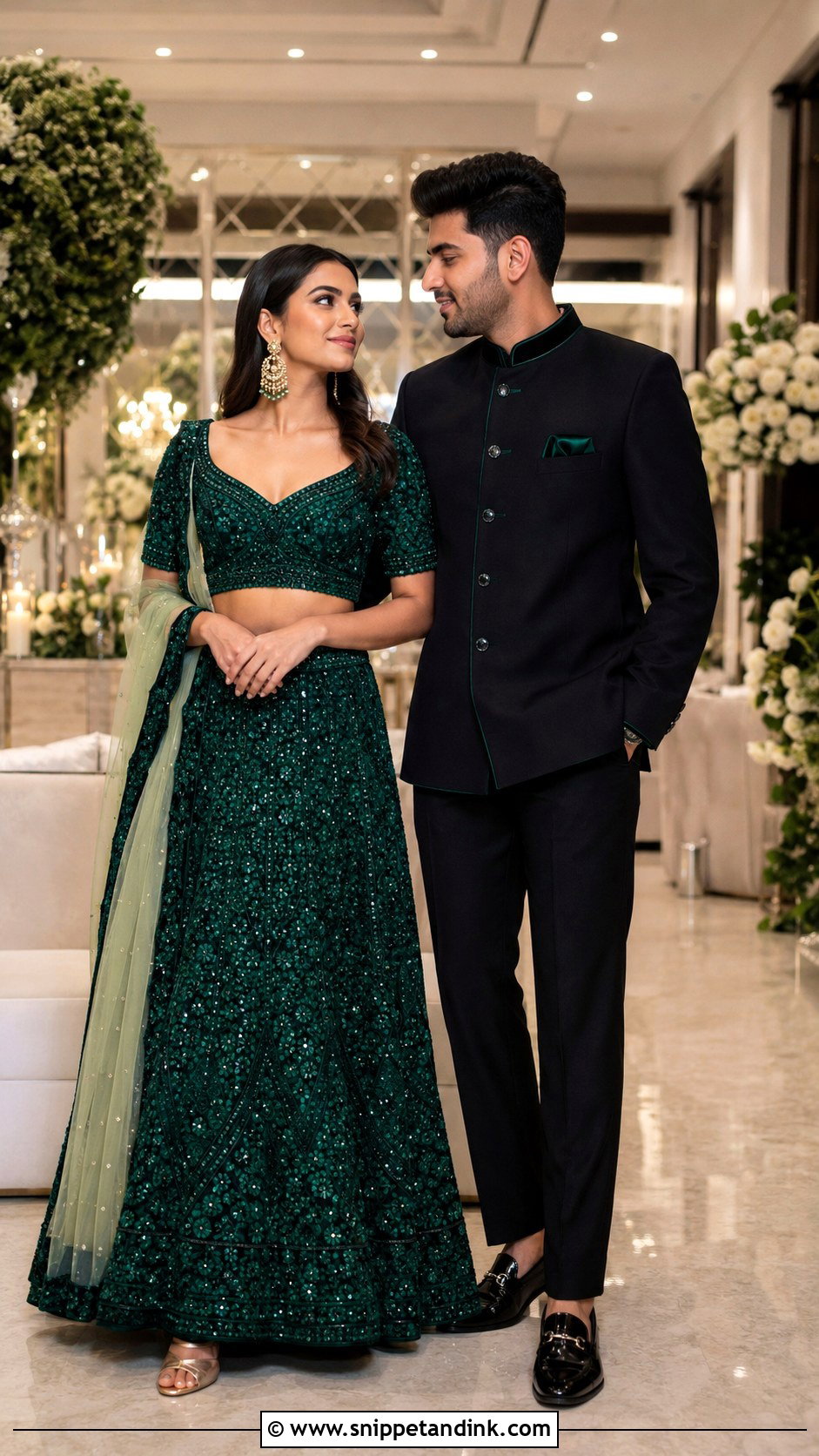 Emerald Lehenga and Black Bandhgala Couple Wedding Outfit - Snippet and Ink - 20 Couple Dress for Wedding Ideas