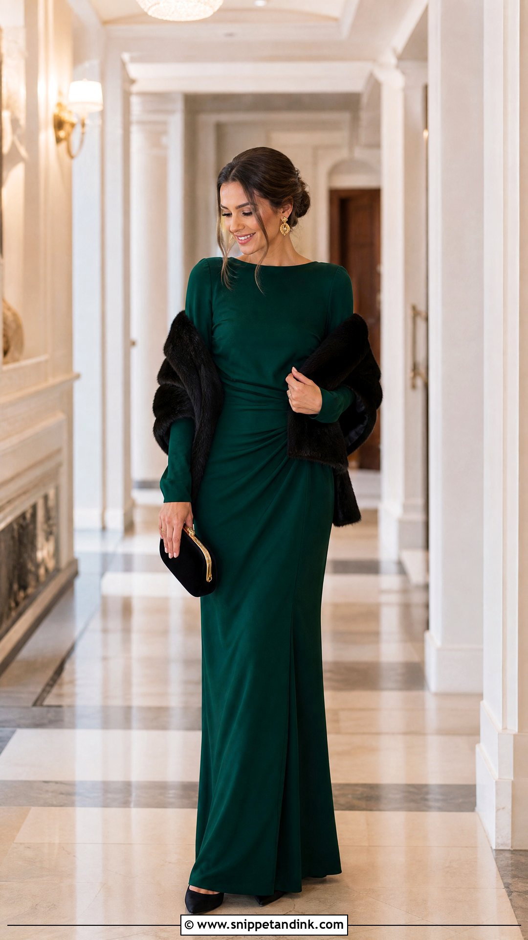 Emerald Maxi Dress Winter Rehearsal Dinner Outfit - Snippet and Ink - 25 Winter Rehearsal Dinner Outfit Ideas