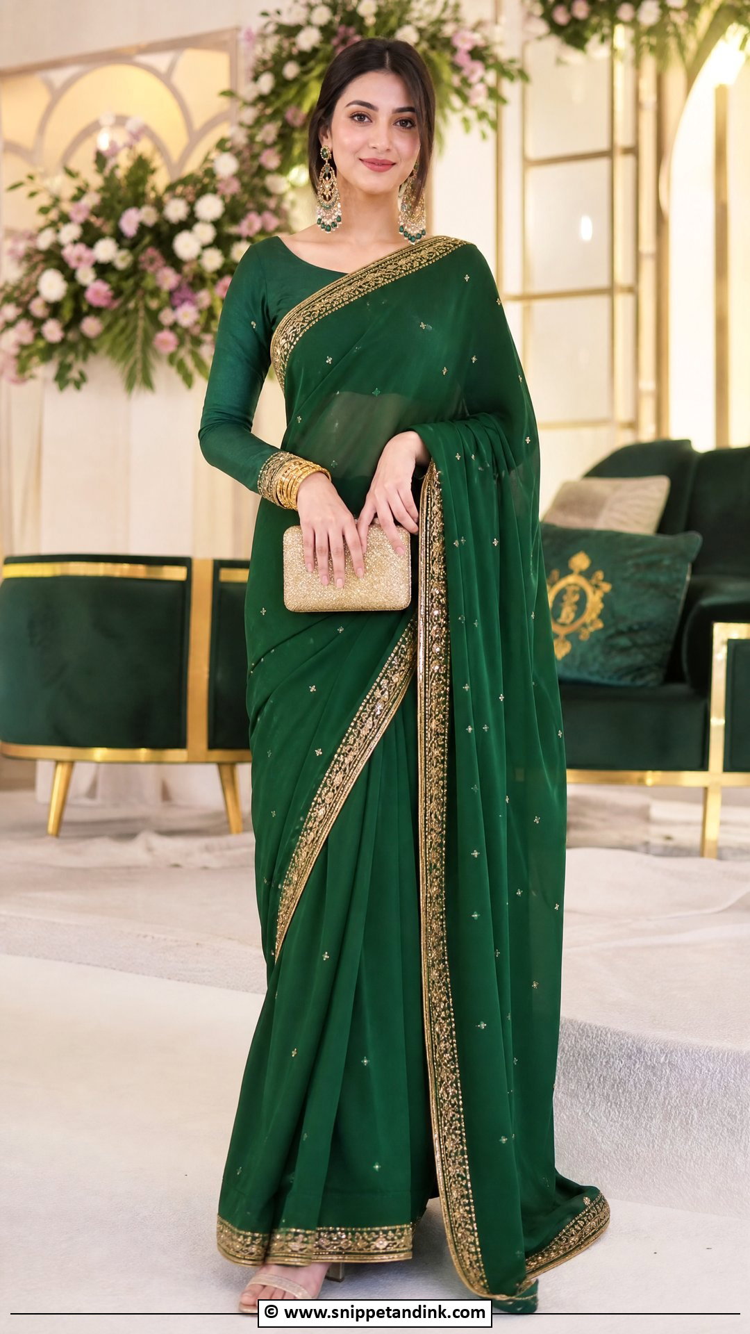 Emerald Mehndi Saree With Statement Earrings - Snippet and Ink - 35 Mehndi Dresses
