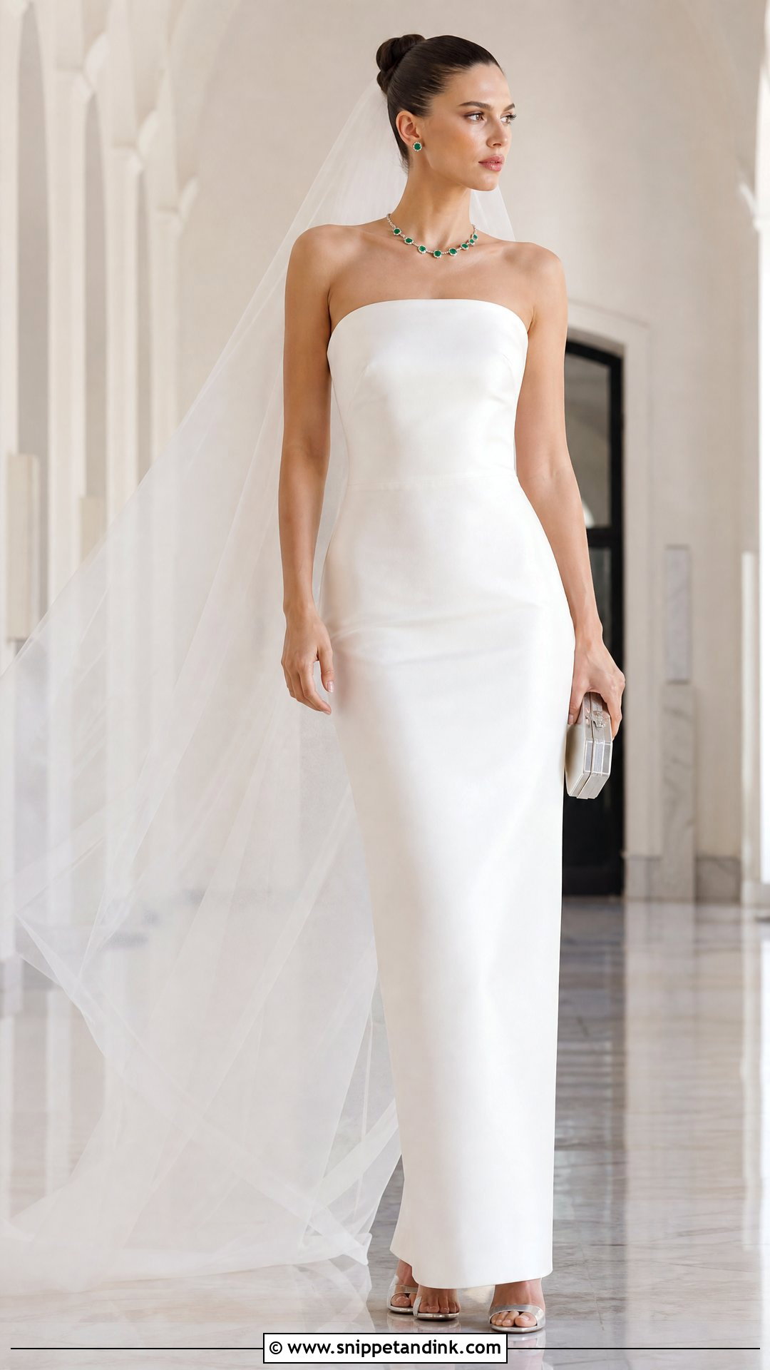 Emerald Necklace With Minimalist Wedding Dress - Snippet and Ink - 20 Wedding Dress Necklace Ideas