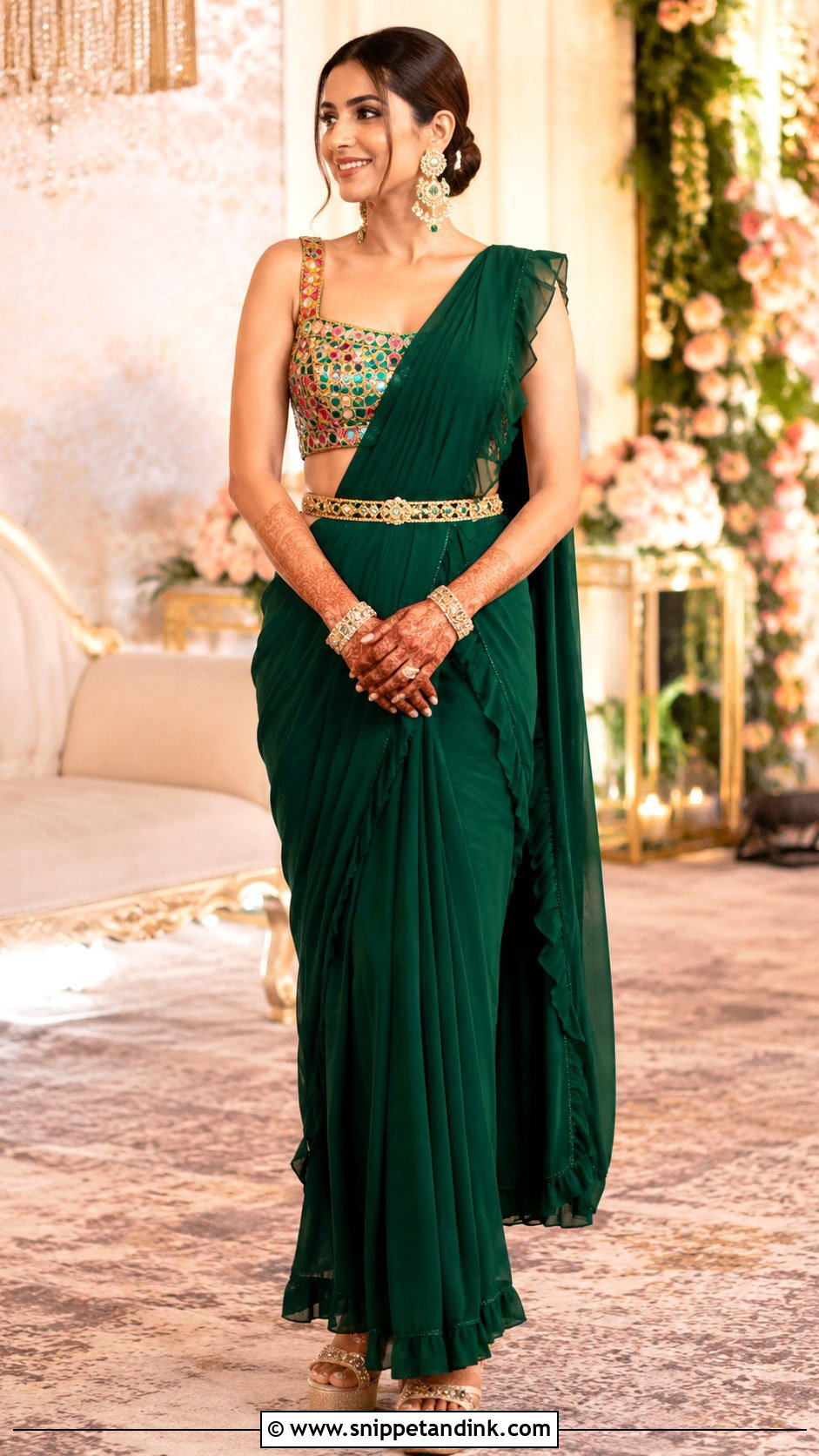Emerald Pre Draped Mehendi Saree - Snippet and Ink - 20 Bridal Mehendi Outfits