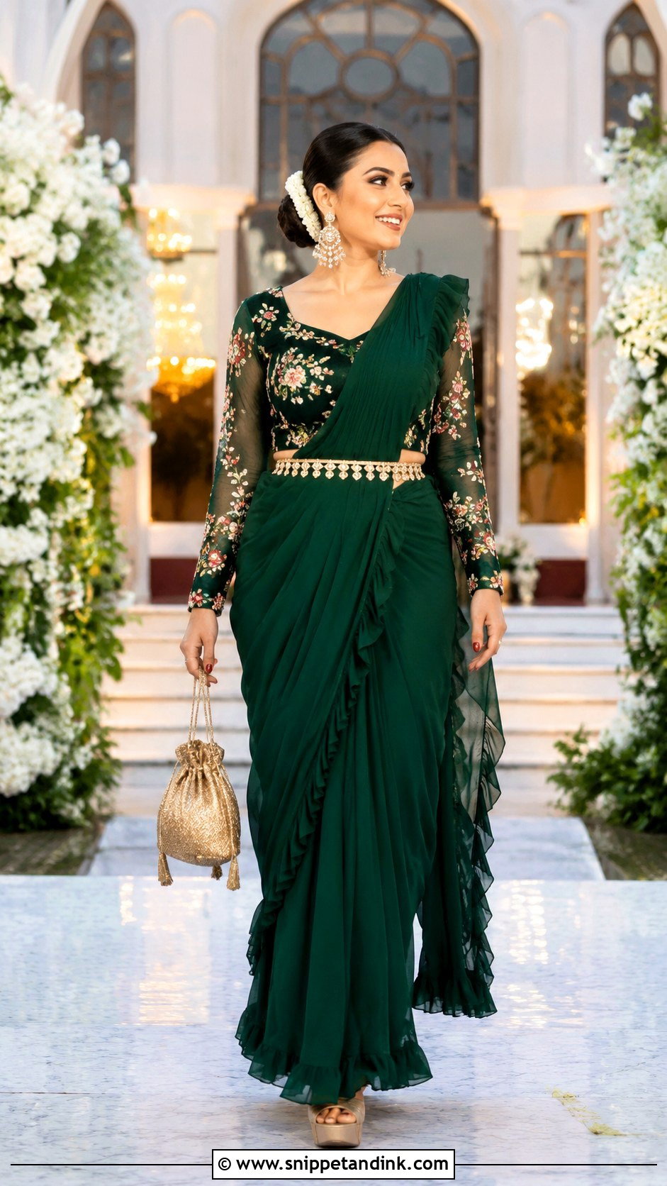 Emerald Pre Draped Saree Mehendi Outfit - Snippet and Ink - 20 Indian Wedding Mehendi Outfits