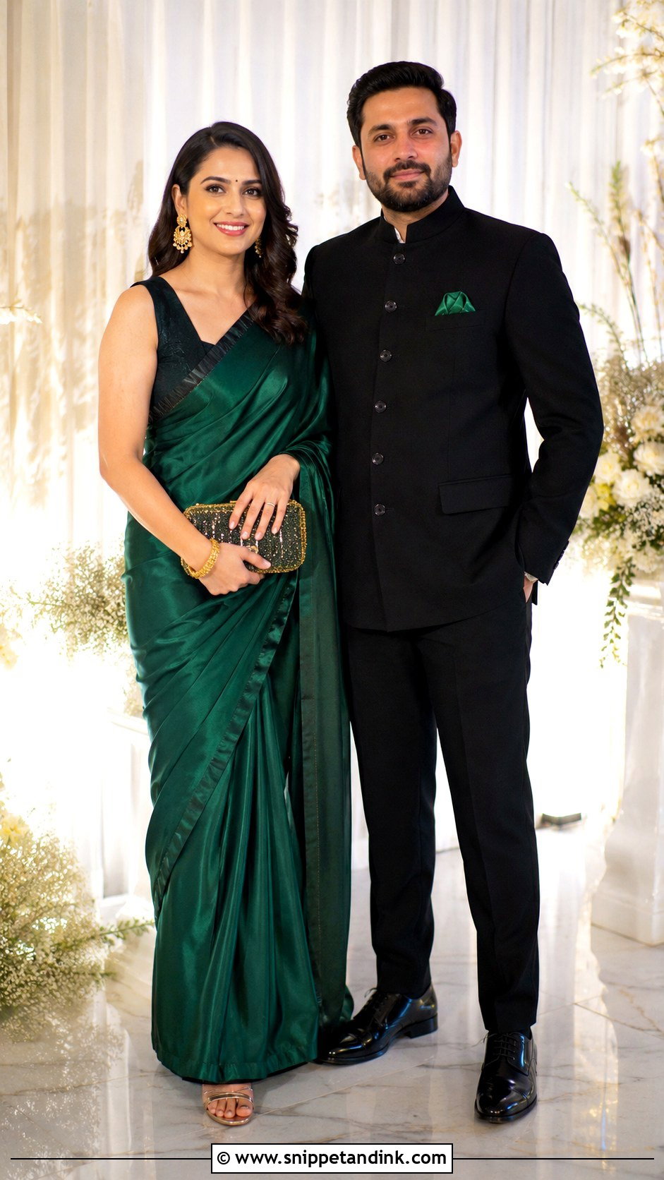 Emerald Saree And Black Bandhgala Couple Outfit - Snippet and Ink - 20 Couple Matching Indian Outfits