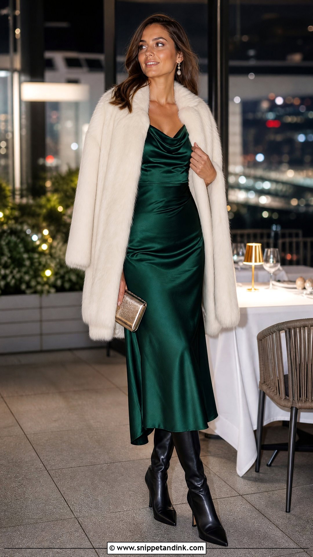 Emerald Satin Dress And Faux Fur Coat Proposal Outfit - Snippet and Ink - 20 Winter Proposal Outfits for Her