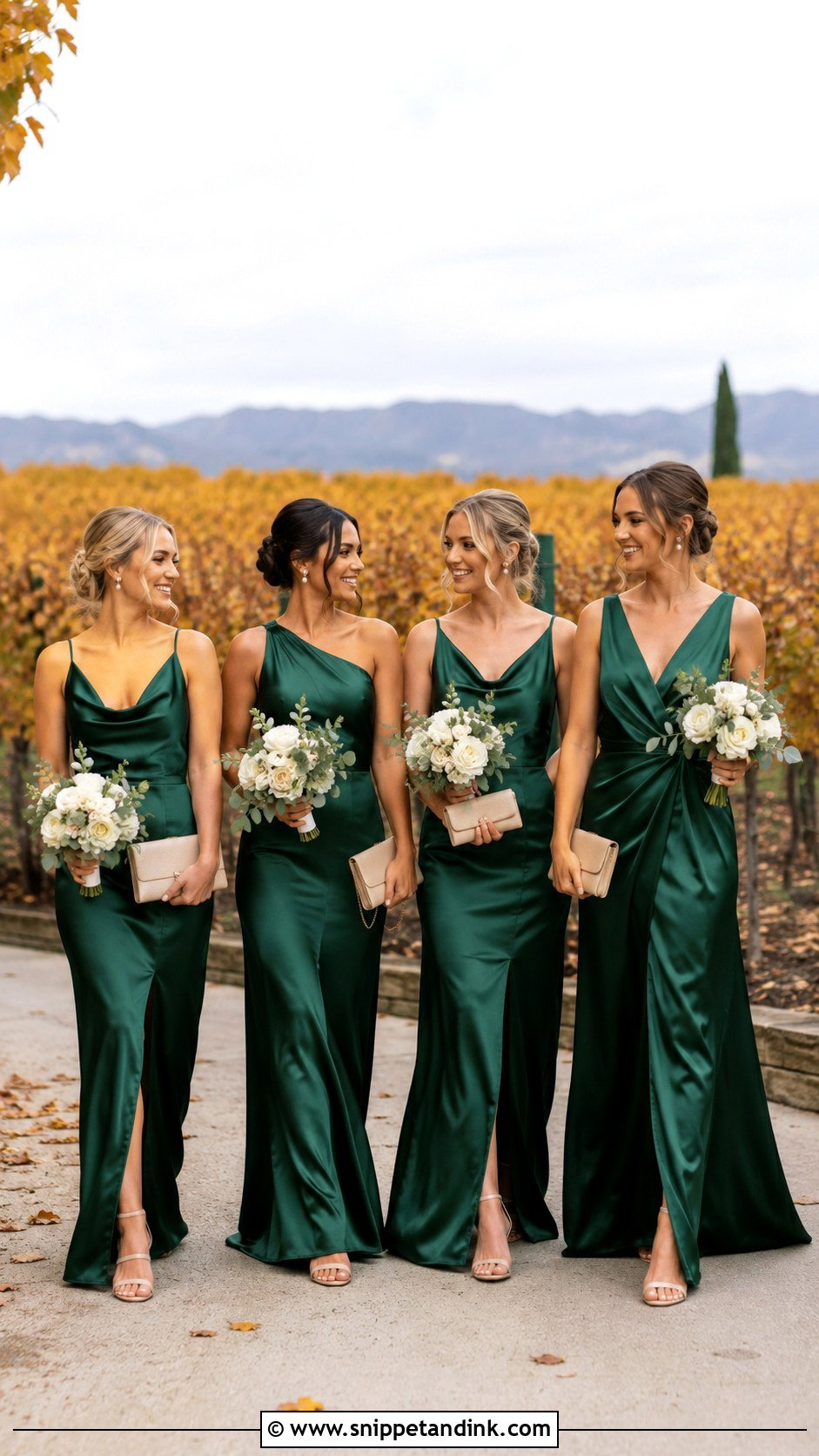 Emerald Satin Fall Bridal Party Gowns - Snippet and Ink - 20 Fall Bridal Party Ideas
