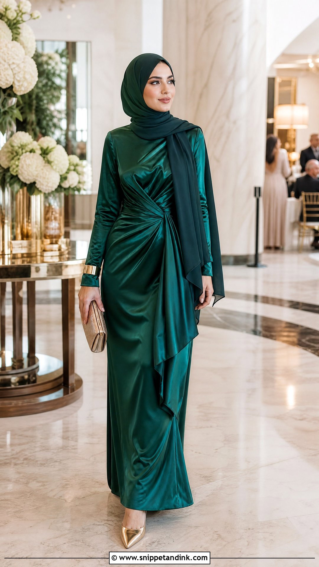 Emerald Satin Gown With Hijab - Snippet and Ink - 20 Hijabi Wedding Outfit Ideas