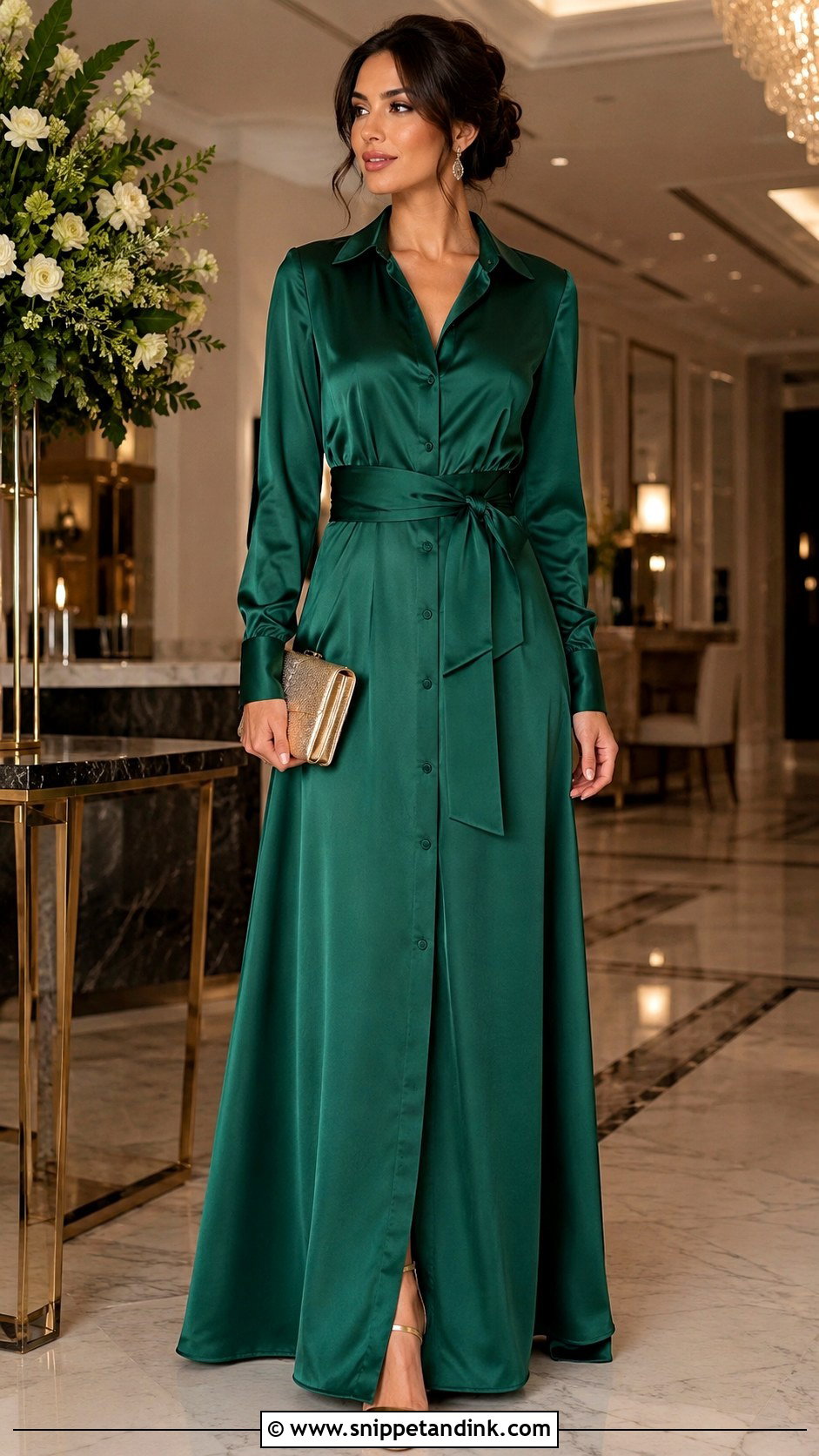 Emerald Satin Long Shirt Dress With Gold Heels - Snippet and Ink - 20 Long Shirt Dress for Wedding Ideas