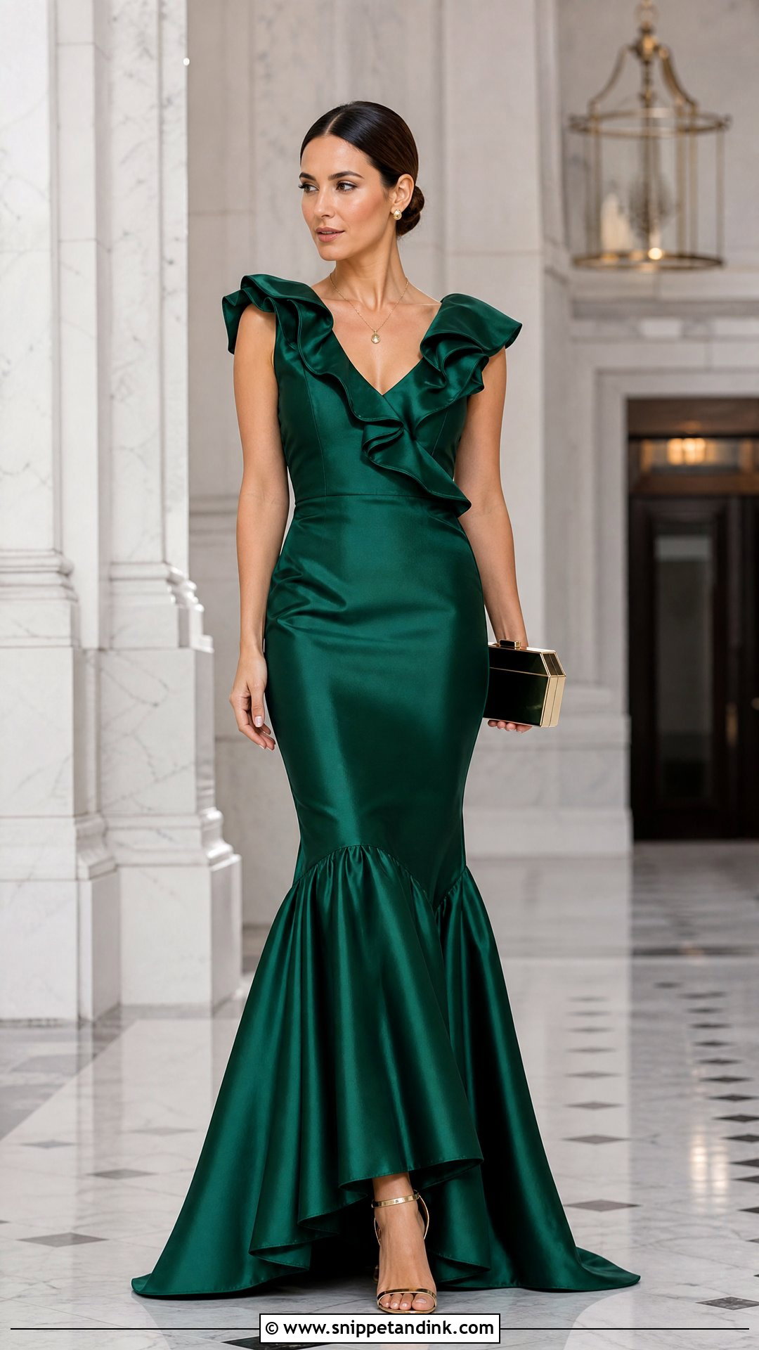 Emerald Satin Ruffled Gown - Snippet and Ink - 20 Ruffled Gown Ideas