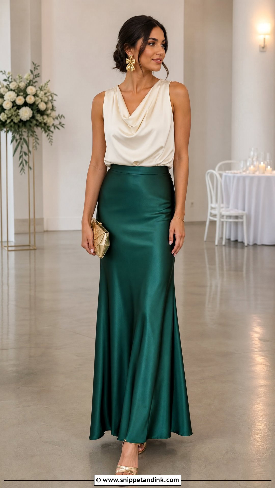 Emerald Satin Skirt With Ivory Draped Blouse - Snippet and Ink - 20 Satin Skirt Wedding Outfit Ideas