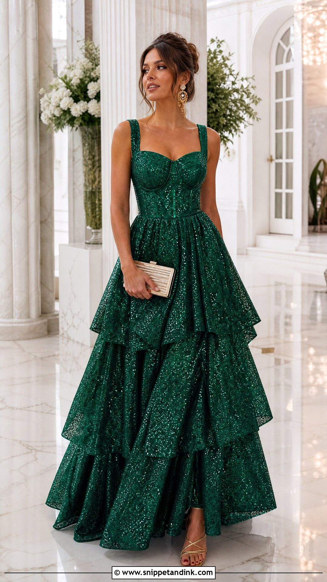 Emerald Sequin Ball Gown With Gold Jewelry - Snippet and Ink - 20 Sequin Ball Gown Ideas
