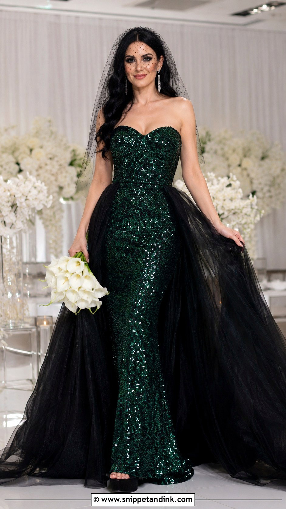 Emerald Sequin and Black Overskirt Wedding Dress - Snippet and Ink - 20 Black and Green Wedding Dress Ideas