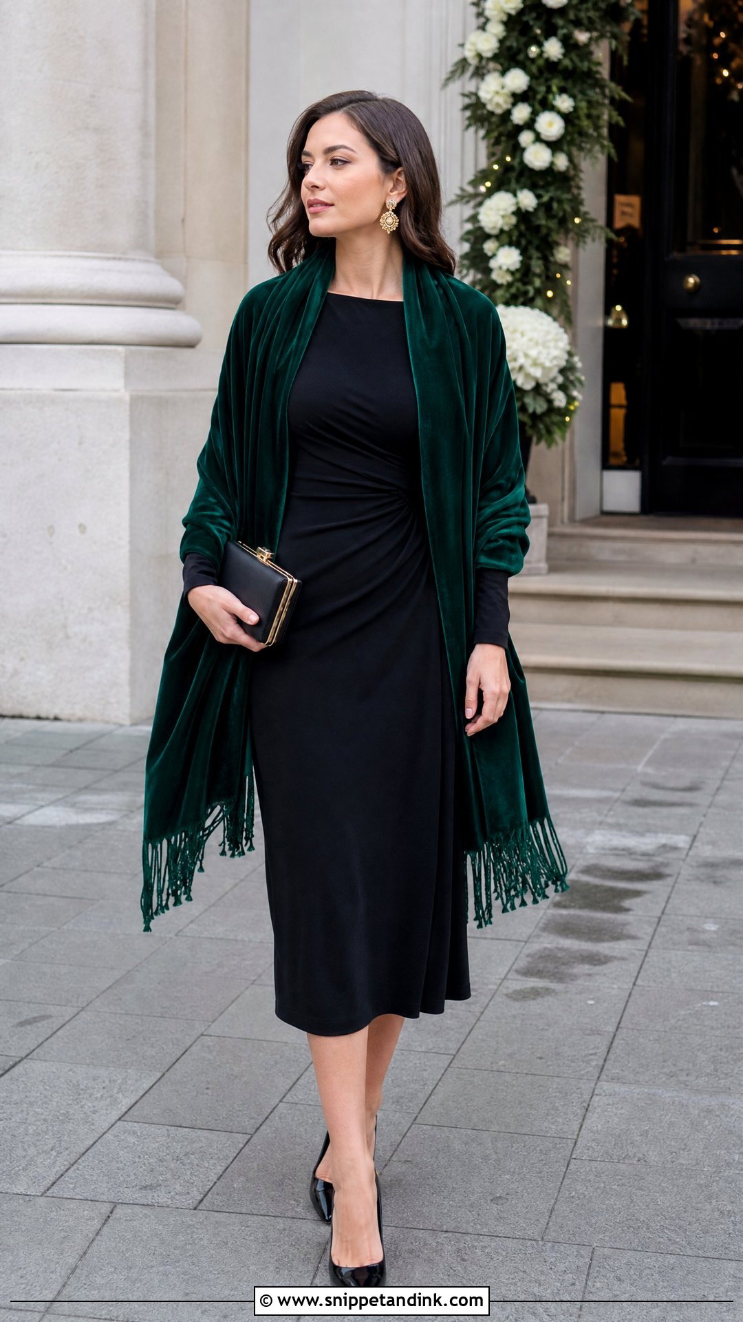 Emerald Shawl With Black Wedding Guest Dress - Snippet and Ink - 20 Winter Wedding Shawl Ideas