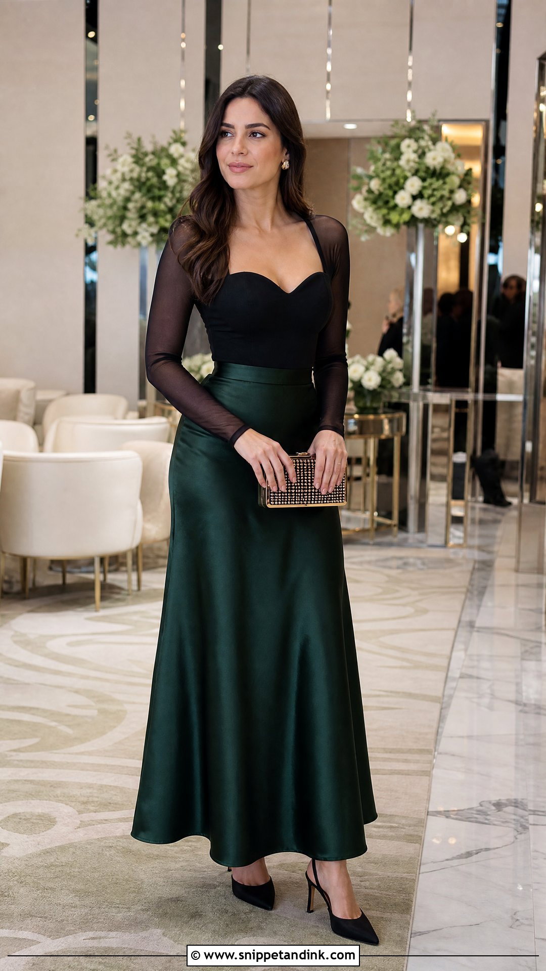 Emerald Silk Skirt With Black Blouse - Snippet and Ink - 20 Silk Skirt Wedding Outfit Ideas