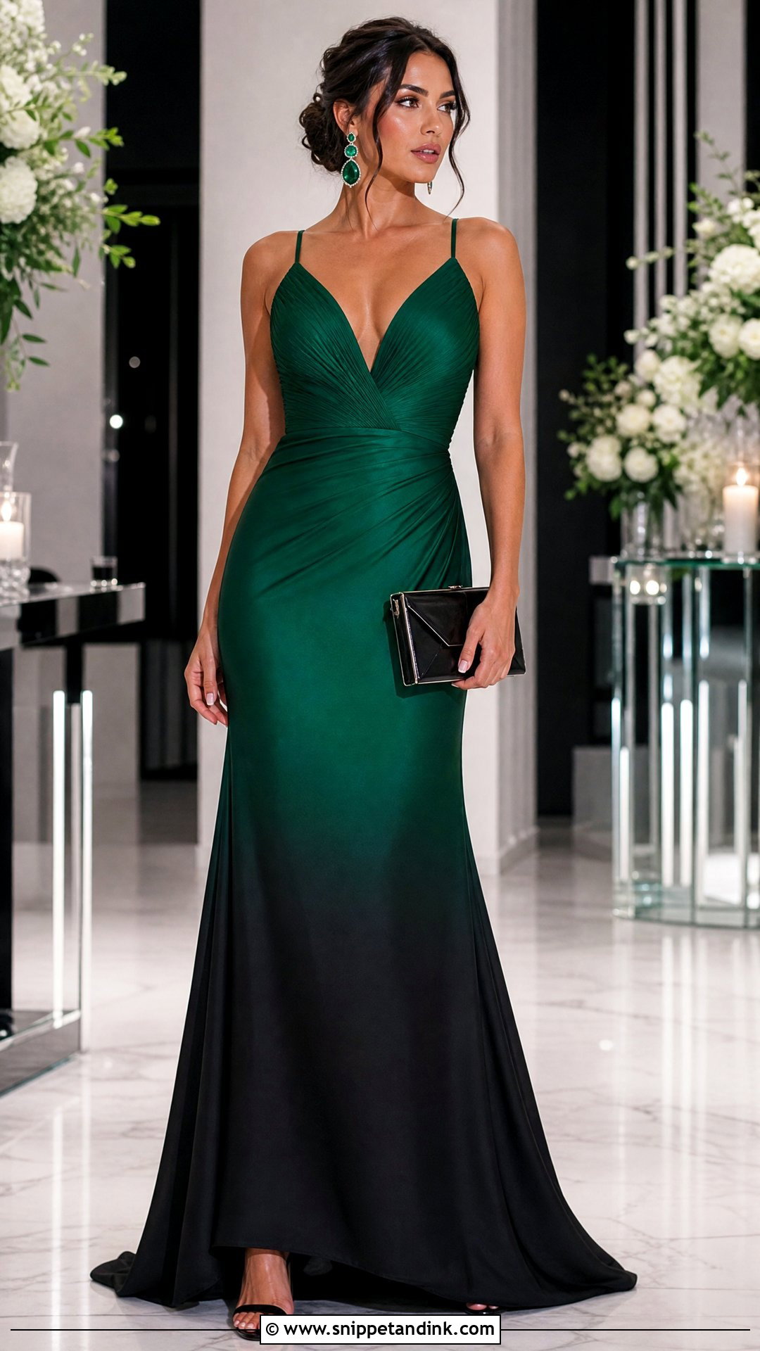 Emerald To Black Ombre Gown With Statement Earrings - Snippet and Ink - 25 Ombre Gown Ideas