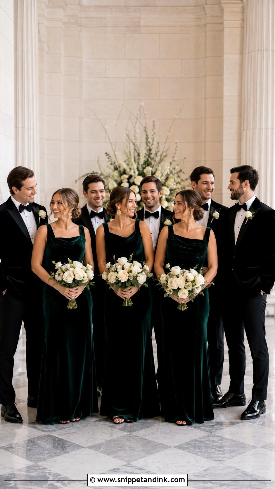 Emerald Velvet Gown Black Tie Bridal Party - Snippet and Ink - 20 Black Tie Bridal Party Ideas