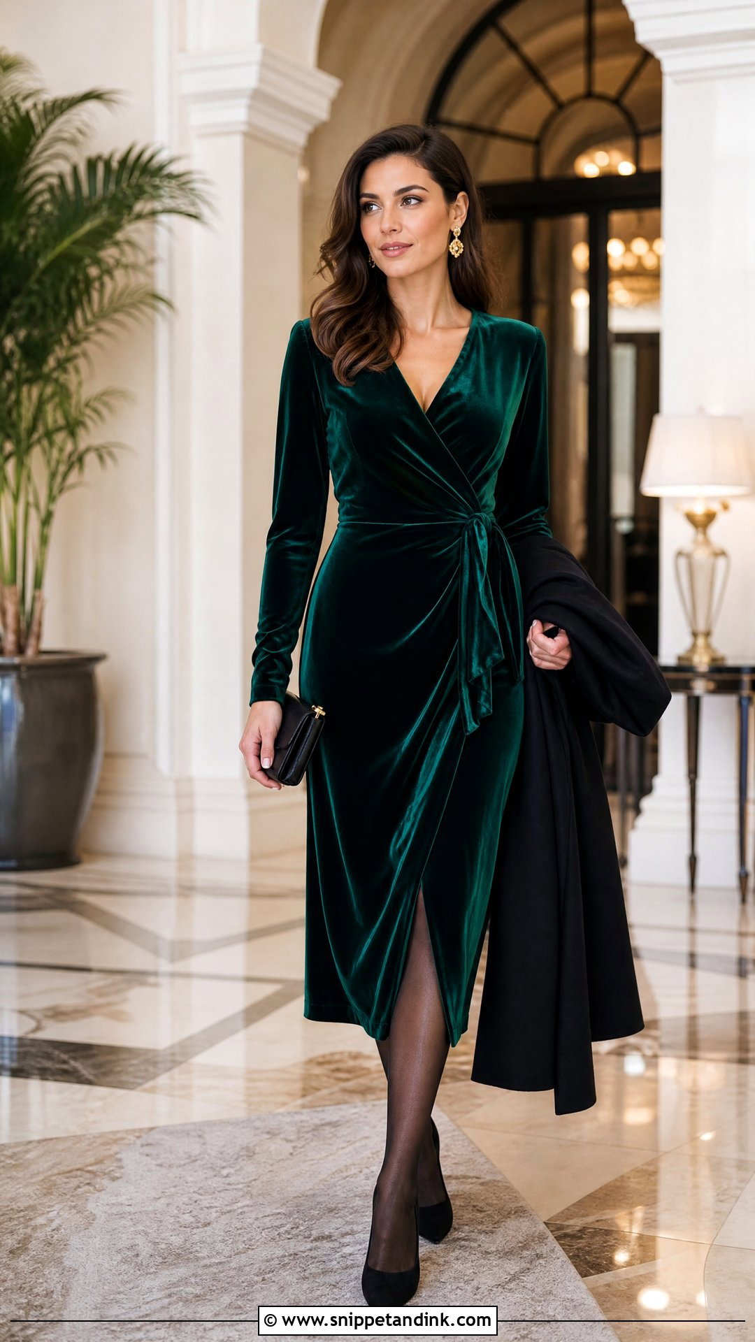 Emerald Velvet Midi Dress Winter Wedding Outfit - Snippet and Ink - 20 Semi Formal Winter Wedding Attire Ideas