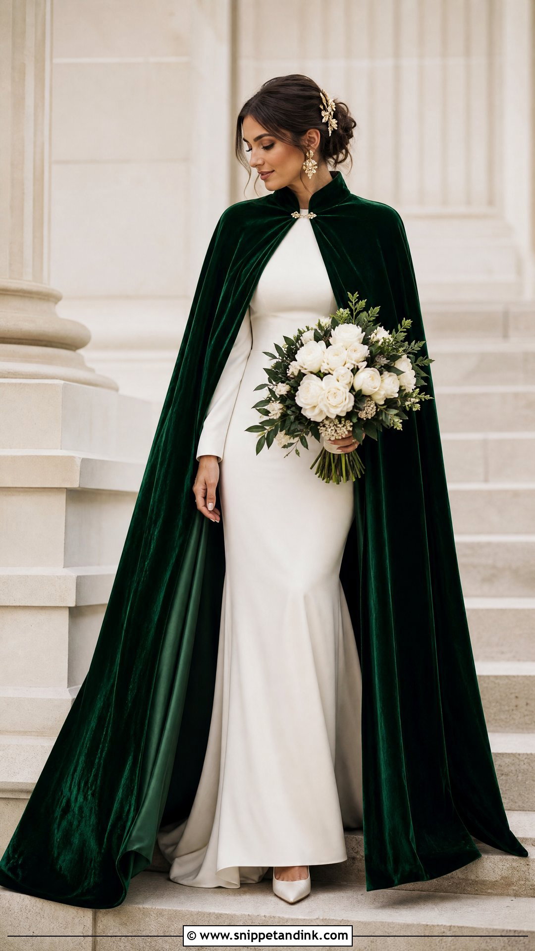 Emerald Velvet Winter Wedding Cape With Ivory Dress - Snippet and Ink - 20 Winter Wedding Cape Ideas