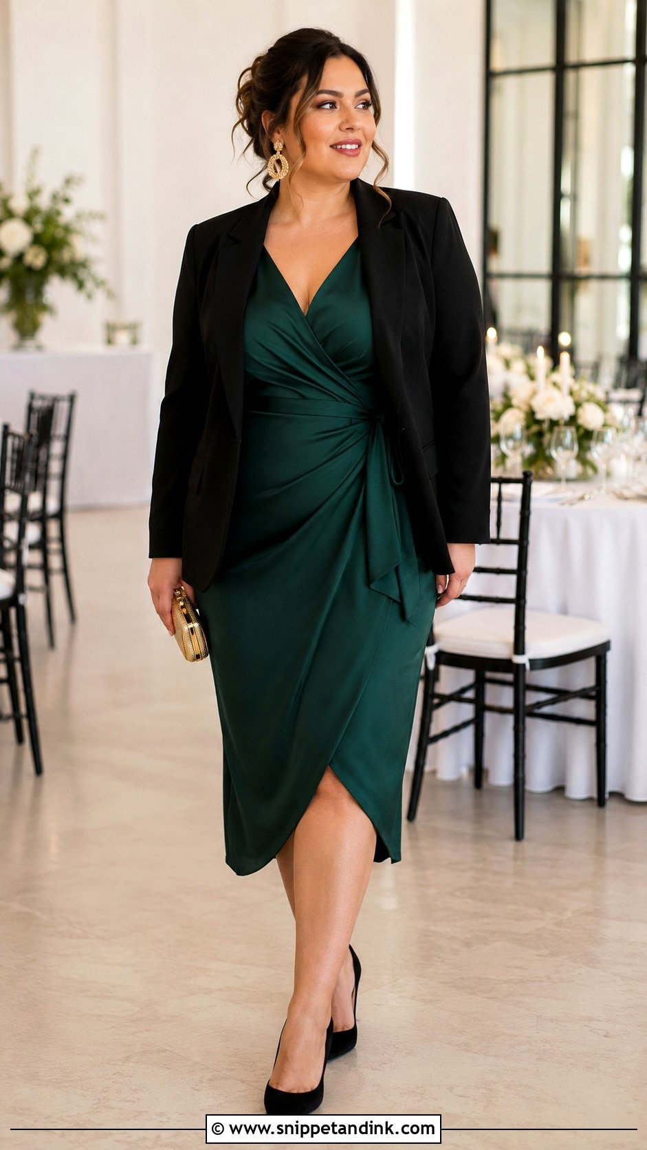 Emerald Wrap Dress and Black Blazer Wedding Outfit - Snippet and Ink - 20 Dress and Blazer Outfit Wedding Ideas