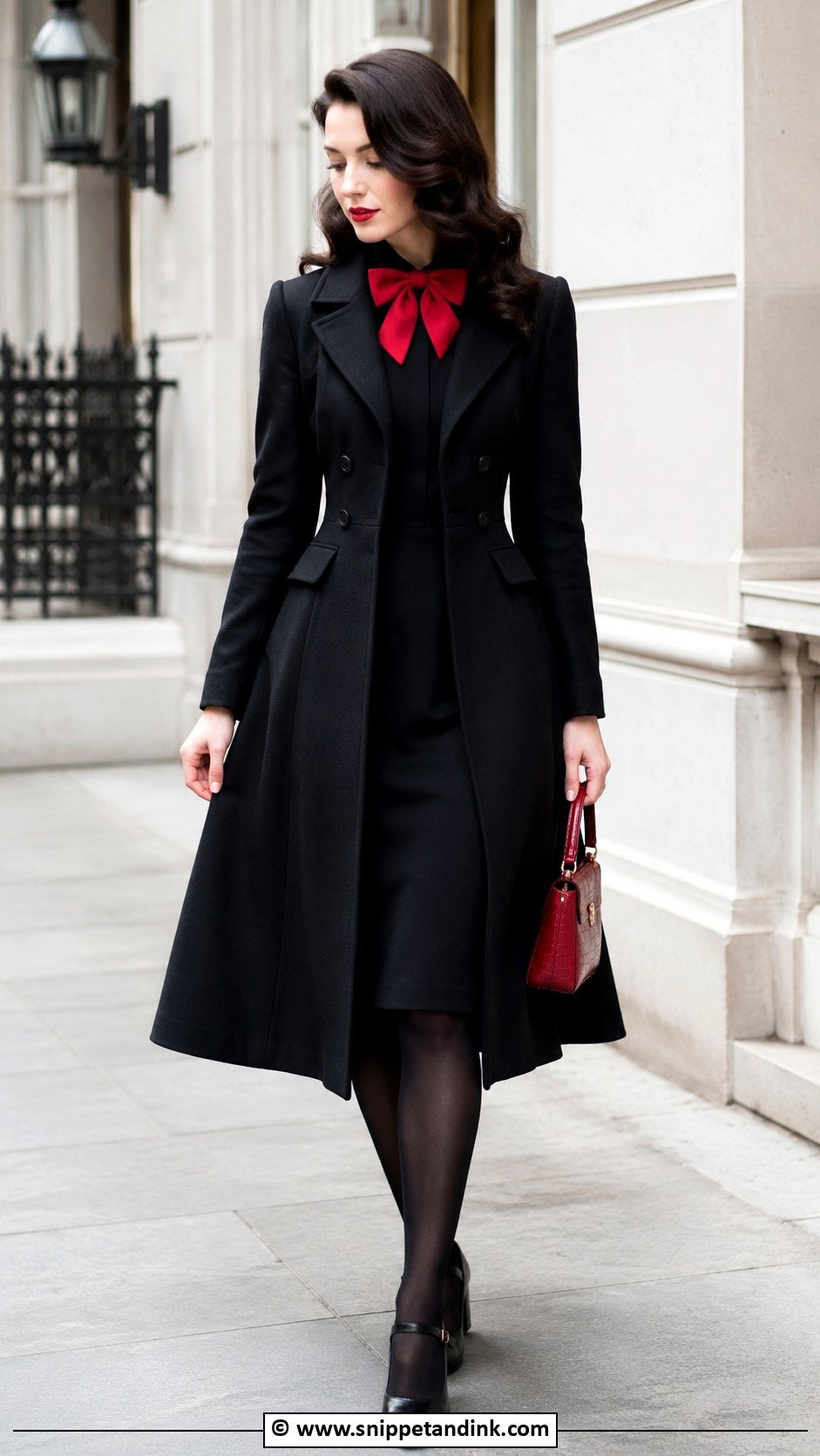 Emma Veil Black Coat And Red Bow Outfit - Snippet and Ink - 25 Emma Veil Outfits