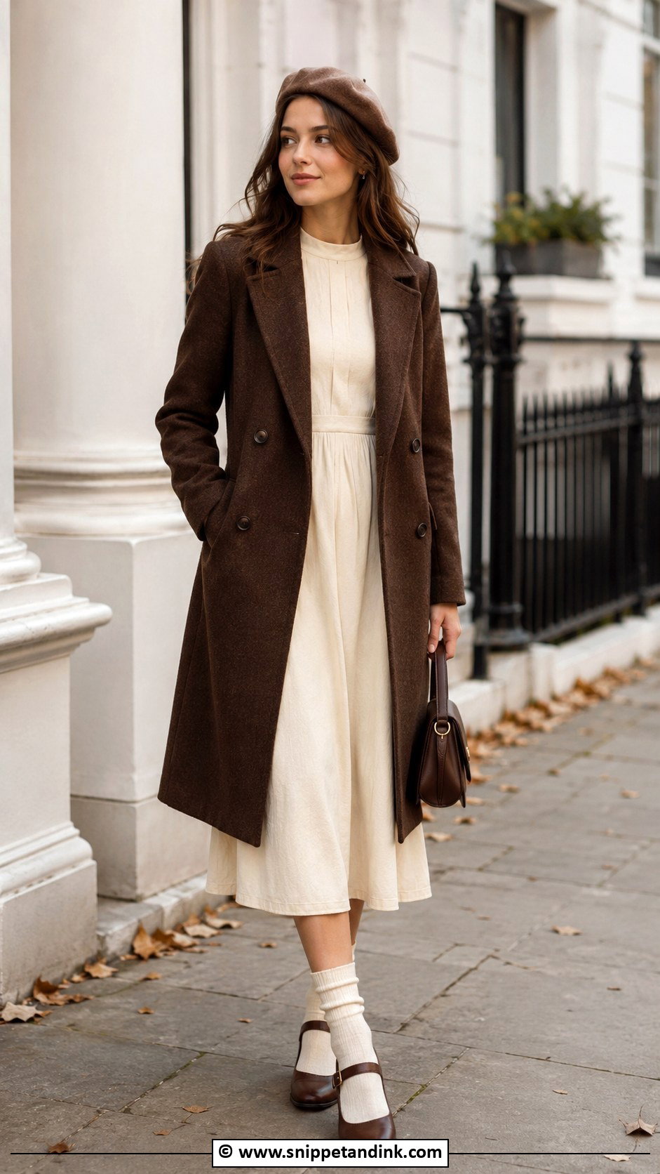 Emma Veil Brown Coat And Cream Dress Outfit - Snippet and Ink - 25 Emma Veil Outfits