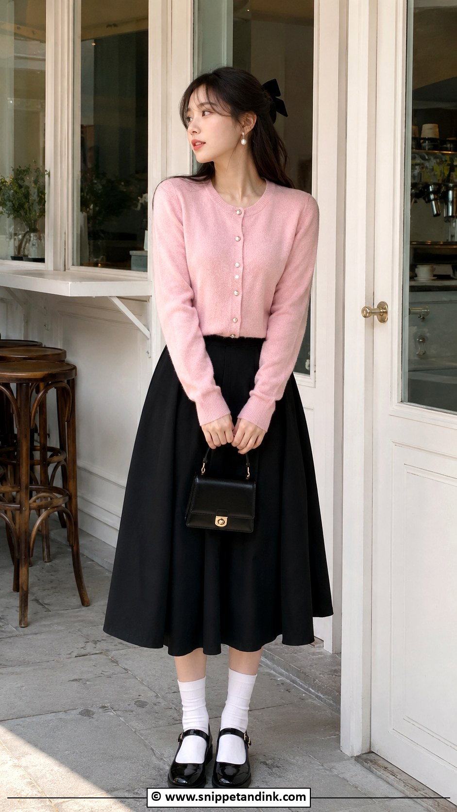 Emma Veil Pink Cardigan And Black Skirt Outfit - Snippet and Ink - 25 Emma Veil Outfits