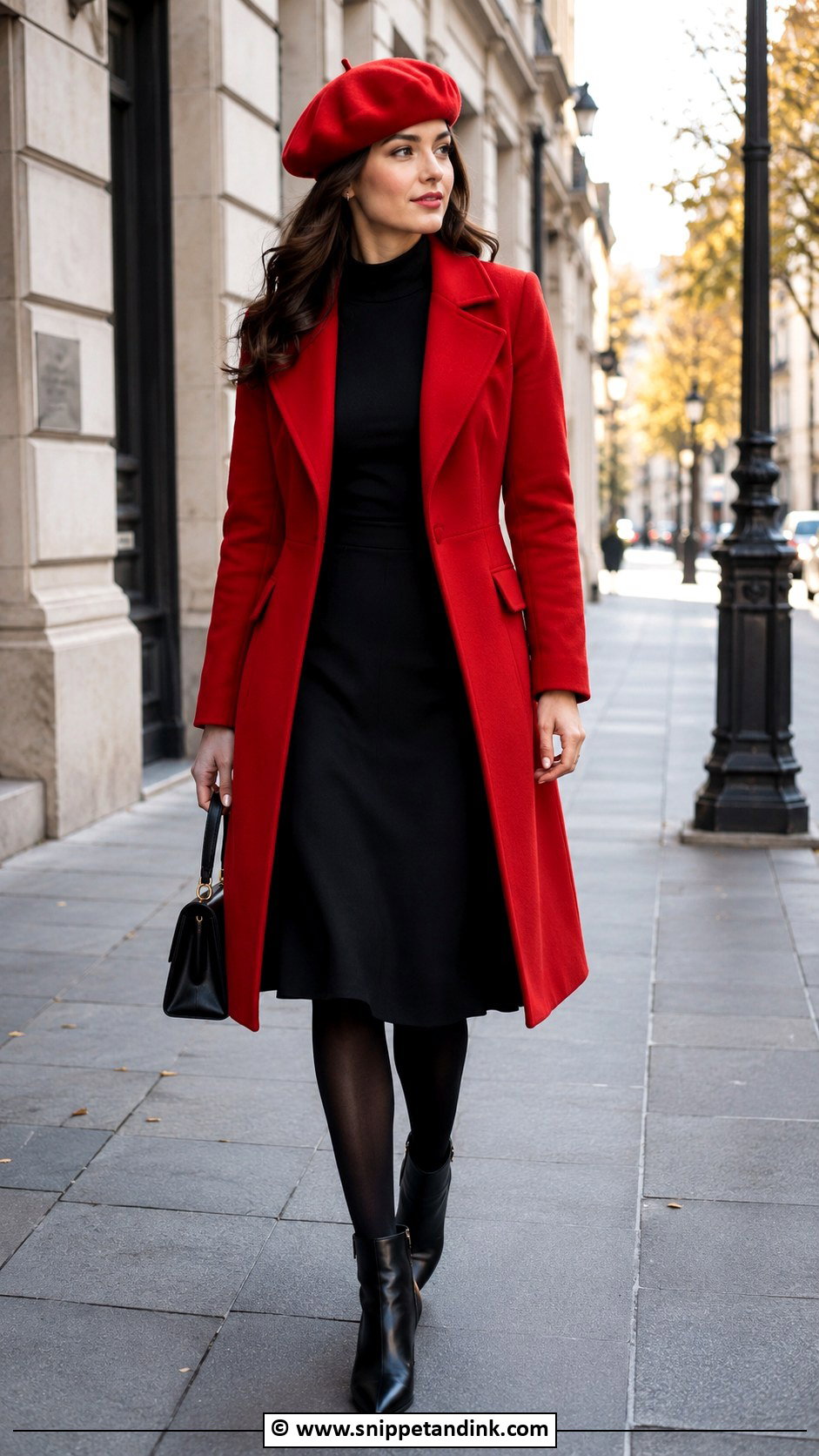 Emma Veil Red Coat And Black Dress Outfit - Snippet and Ink - 25 Emma Veil Outfits