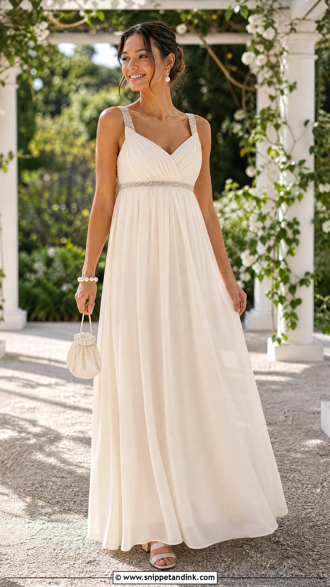 Empire Waist Ancient Greek Wedding Dress With Pearl Accessories - Snippet and Ink - 25 Ancient Greek Wedding Dress Ideas