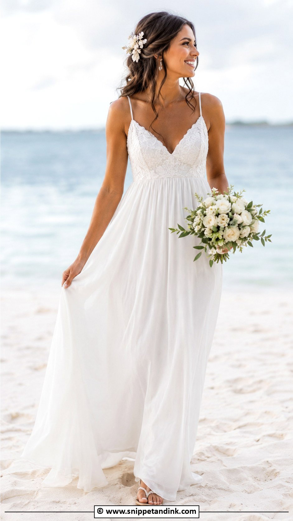 Empire Waist Beach Bridal Dress With Flower Hair Comb - Snippet and Ink - 30 Beach Bridal Dresses