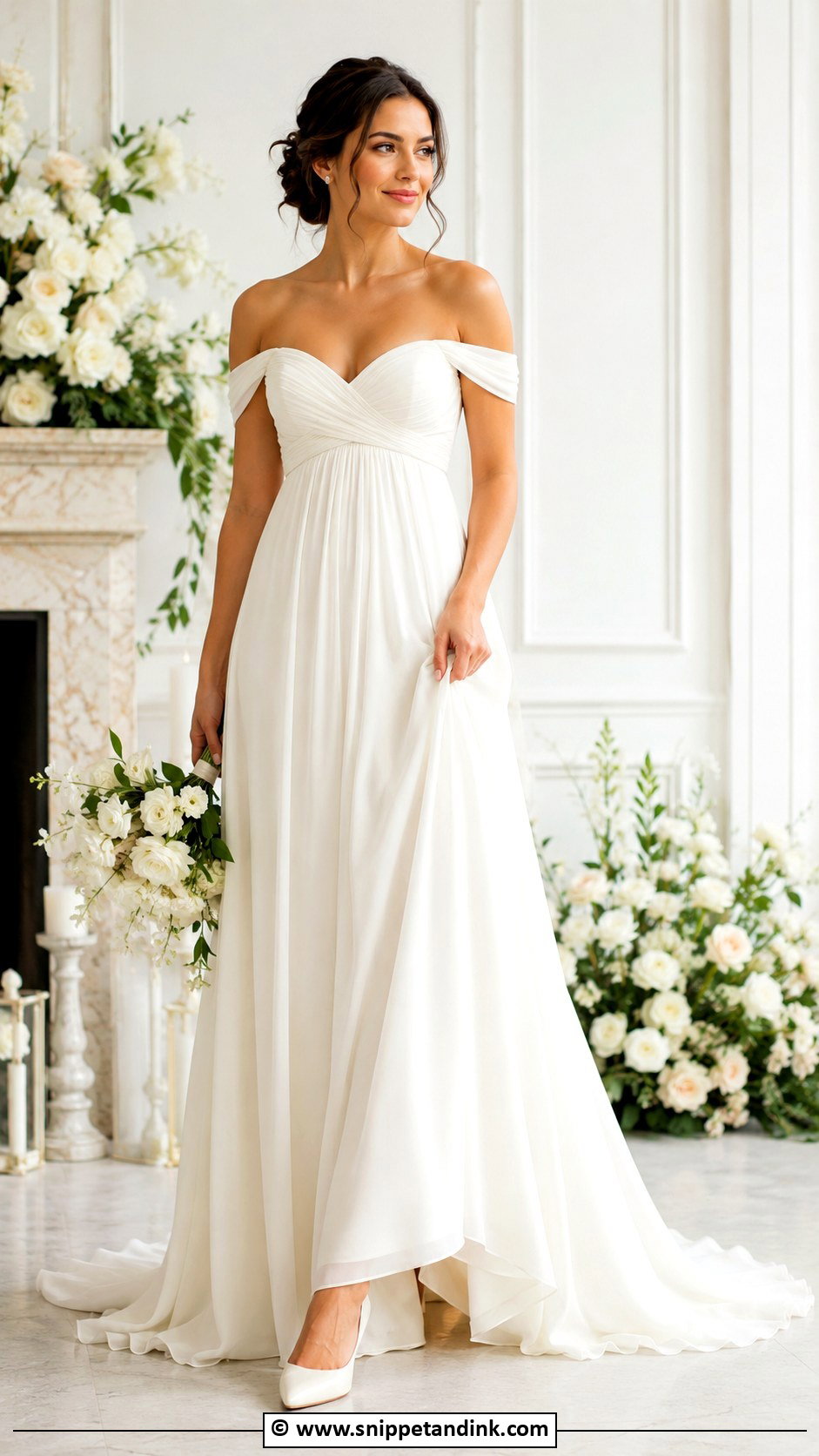 Empire Waist Off Shoulder Wedding Dress - Snippet and Ink - 25 Empire Wedding Dress Ideas