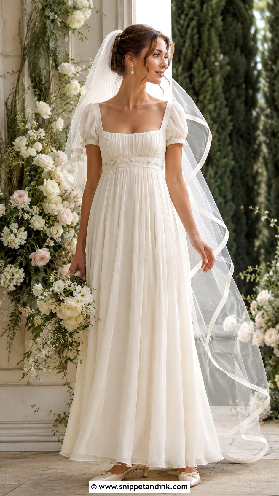 Empire Waist Wedding Dress With Puff Sleeves - Snippet and Ink - 20 Bridgerton Inspired Wedding Dresses