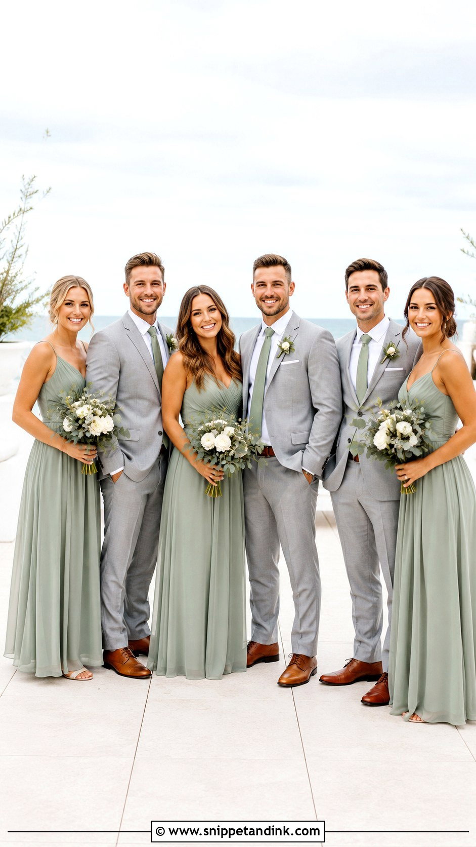 Eucalyptus Green Dresses With Light Gray Suits - Snippet and Ink - 20 Green Wedding Party Attire Ideas