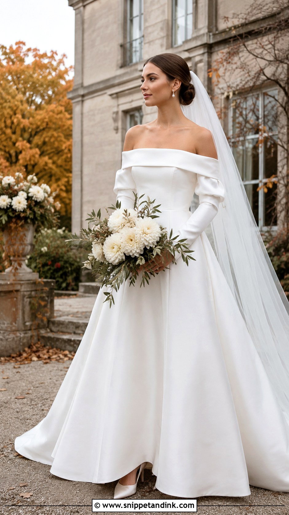 Fall Wedding Dress With Bardot Sleeves - Snippet and Ink - 20 Fall Wedding Dress Sleeves