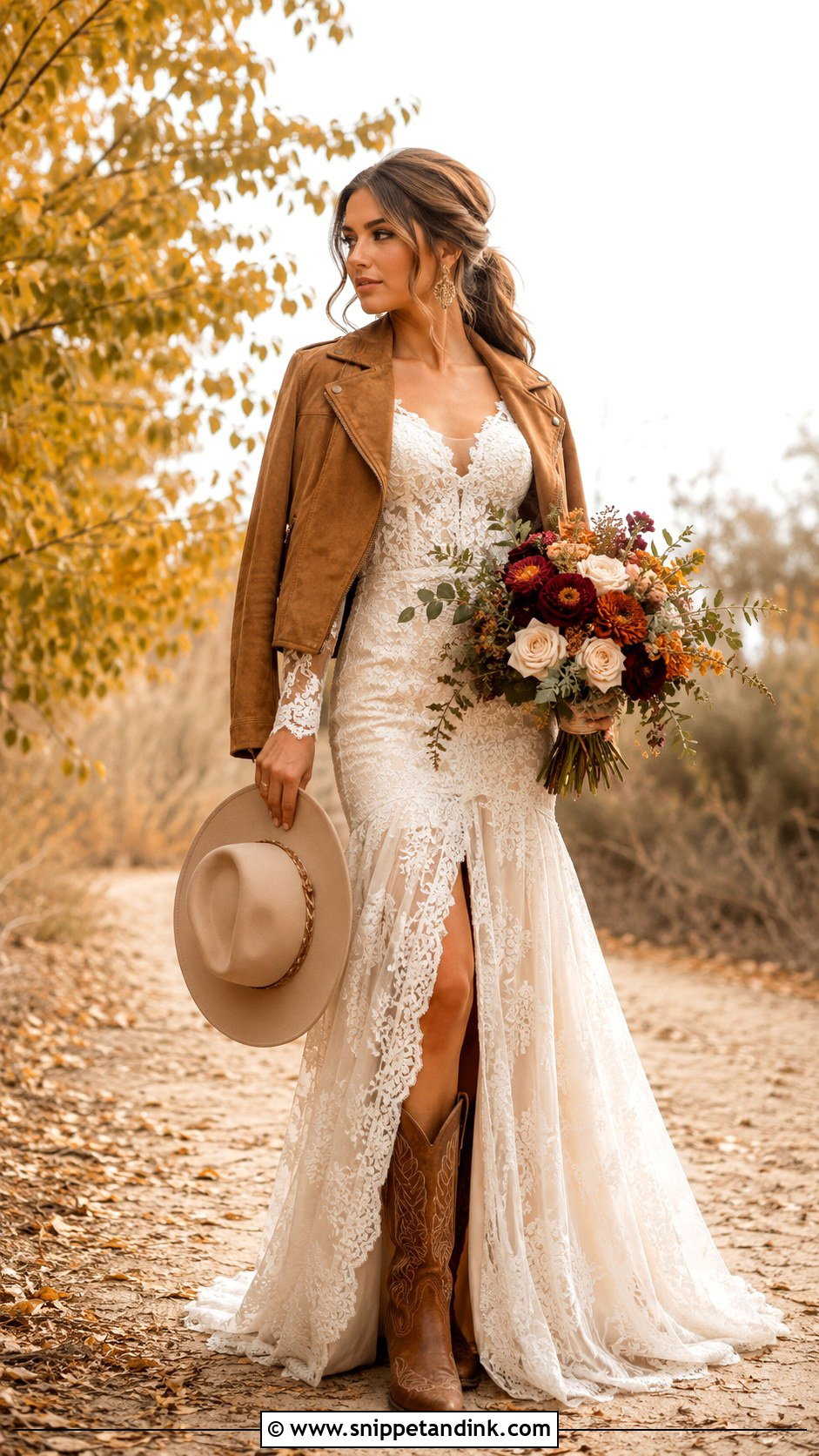 Fall Wedding Dress With Cognac Cowgirl Boots - Snippet and Ink - 20 Cowgirl Boots Wedding Dress Ideas