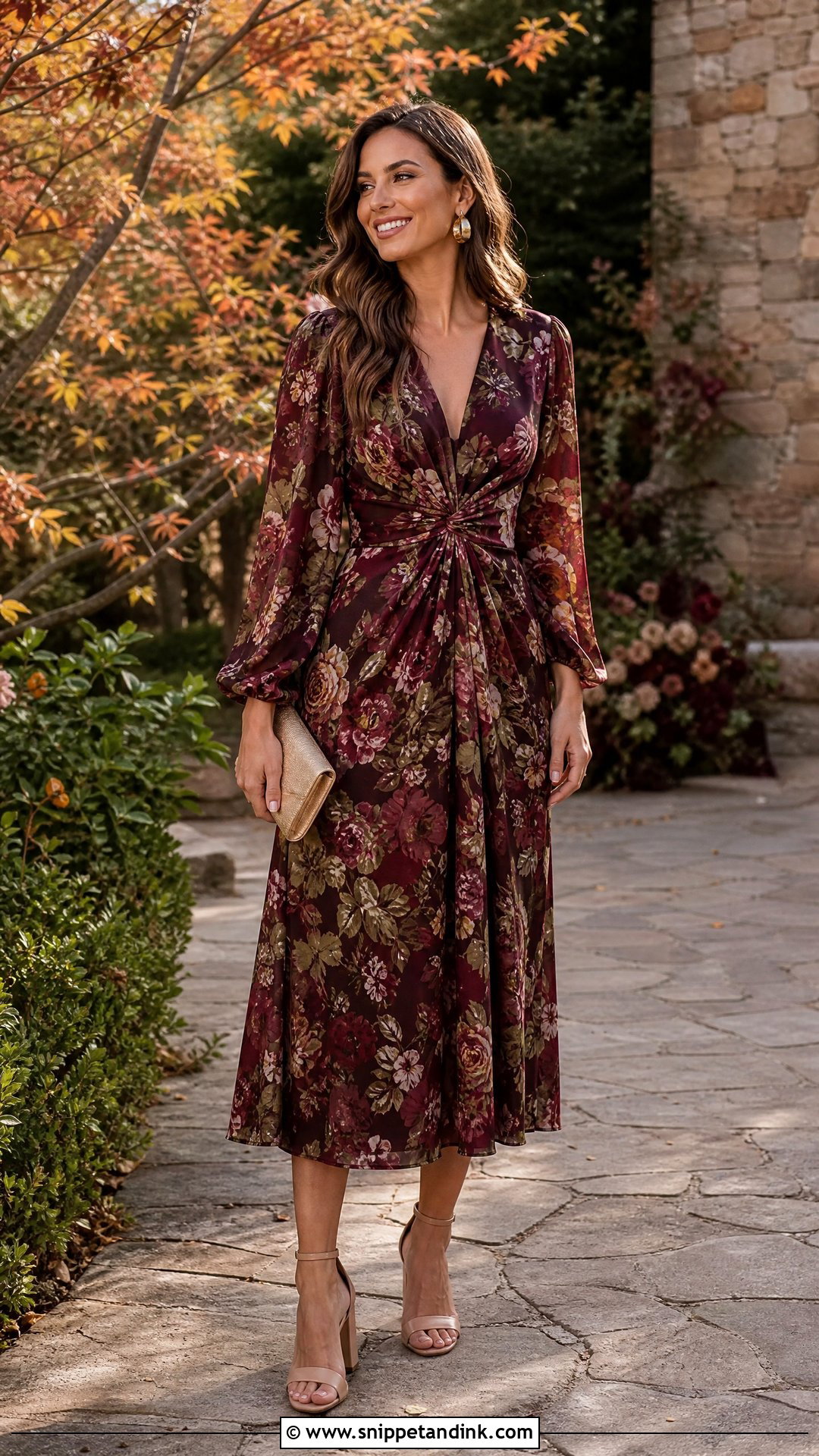 Fall Wedding Guest Floral Midi Dress Outfit - Snippet and Ink - 25 Fall Wedding Outfits