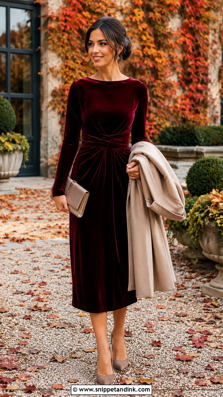 Fall Wedding Velvet Midi Dress Outfit - Snippet and Ink - 20 Outfit for Wedding Party Ideas
