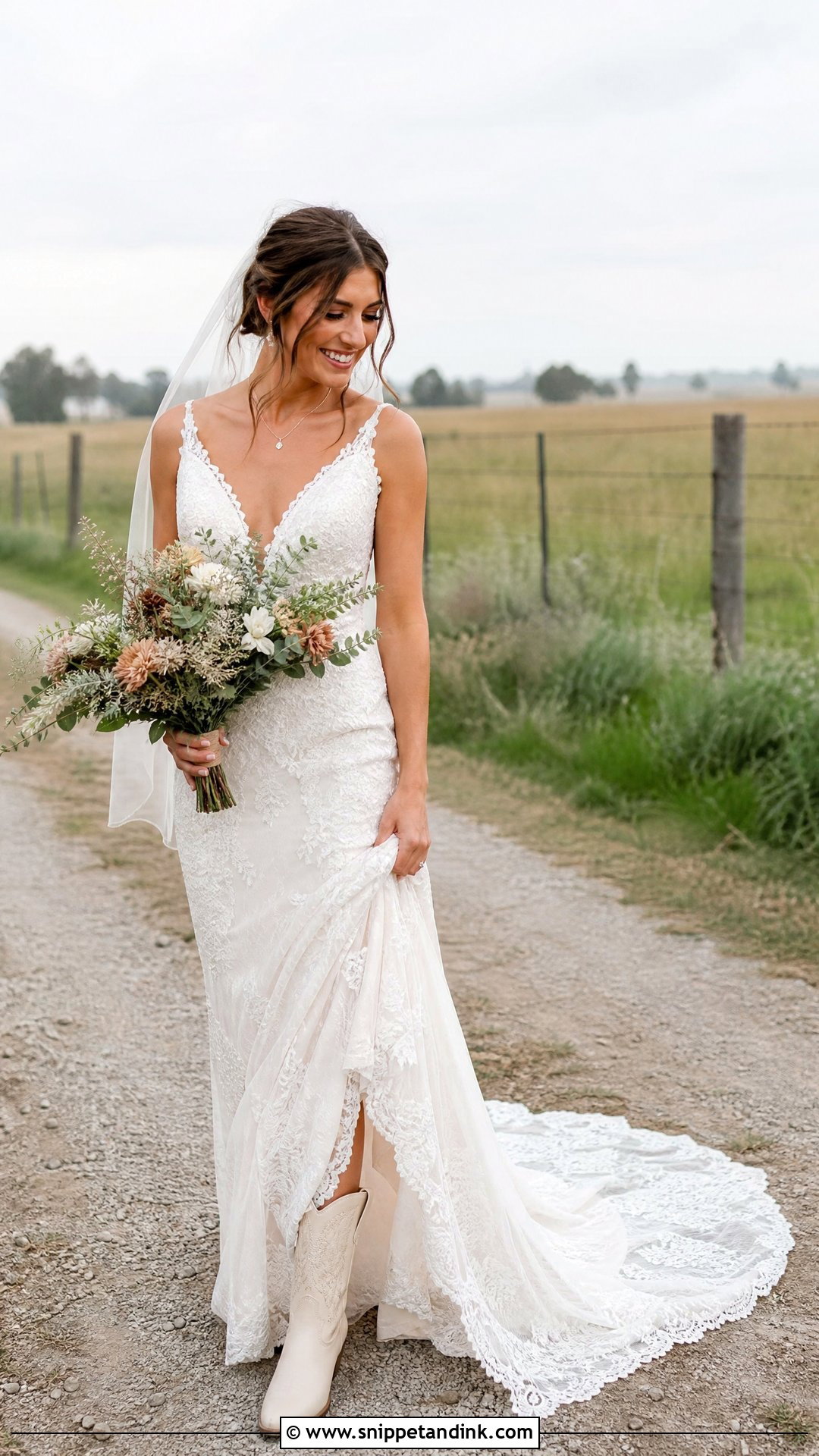Farm Wedding Dress With Train And Boots - Snippet and Ink - 25 Farm Wedding Dress Ideas