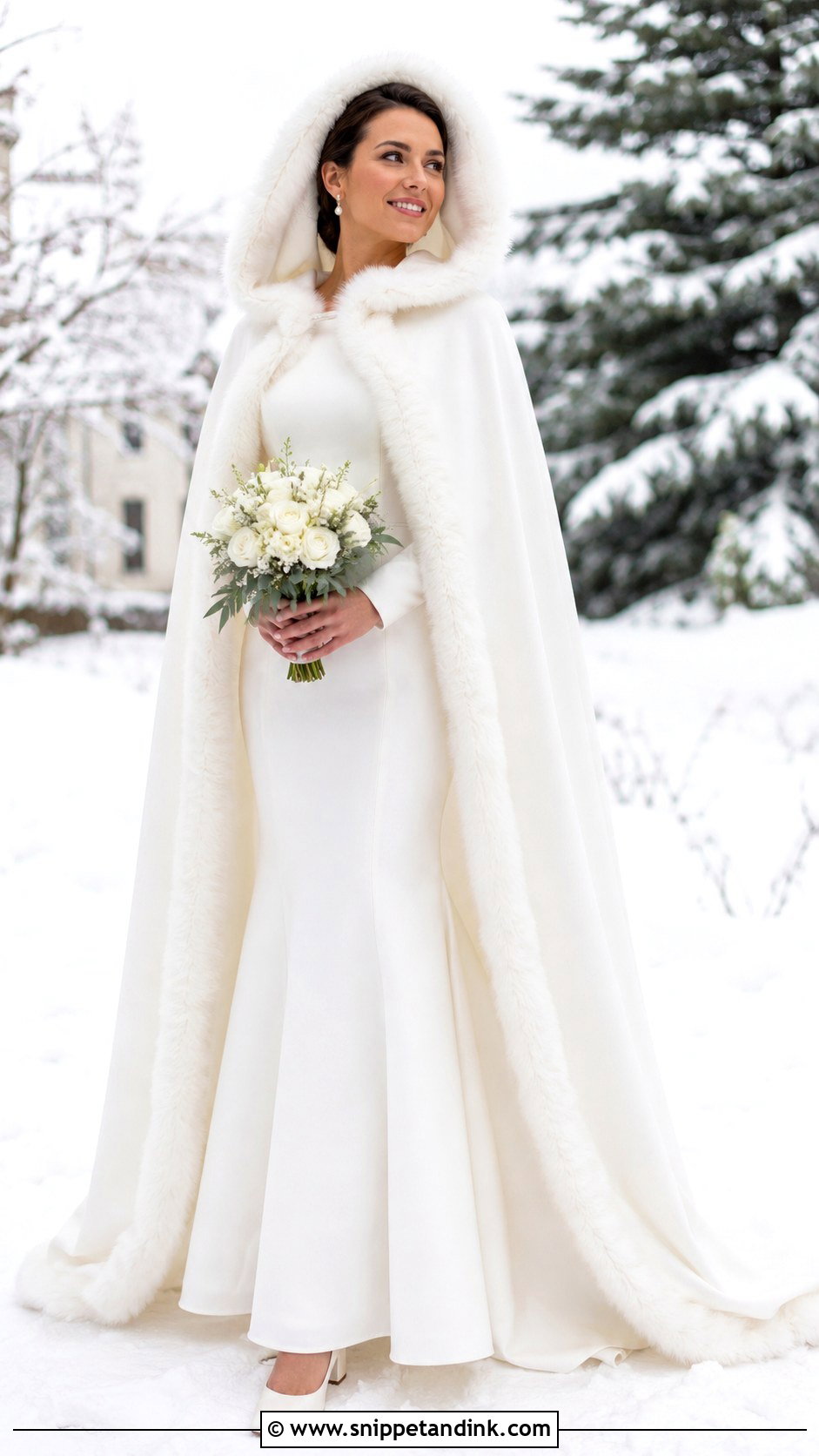 Faux Fur Hooded Wedding Cape With Long Sleeve Gown - Snippet and Ink - 20 Wedding Cape with Hood Ideas