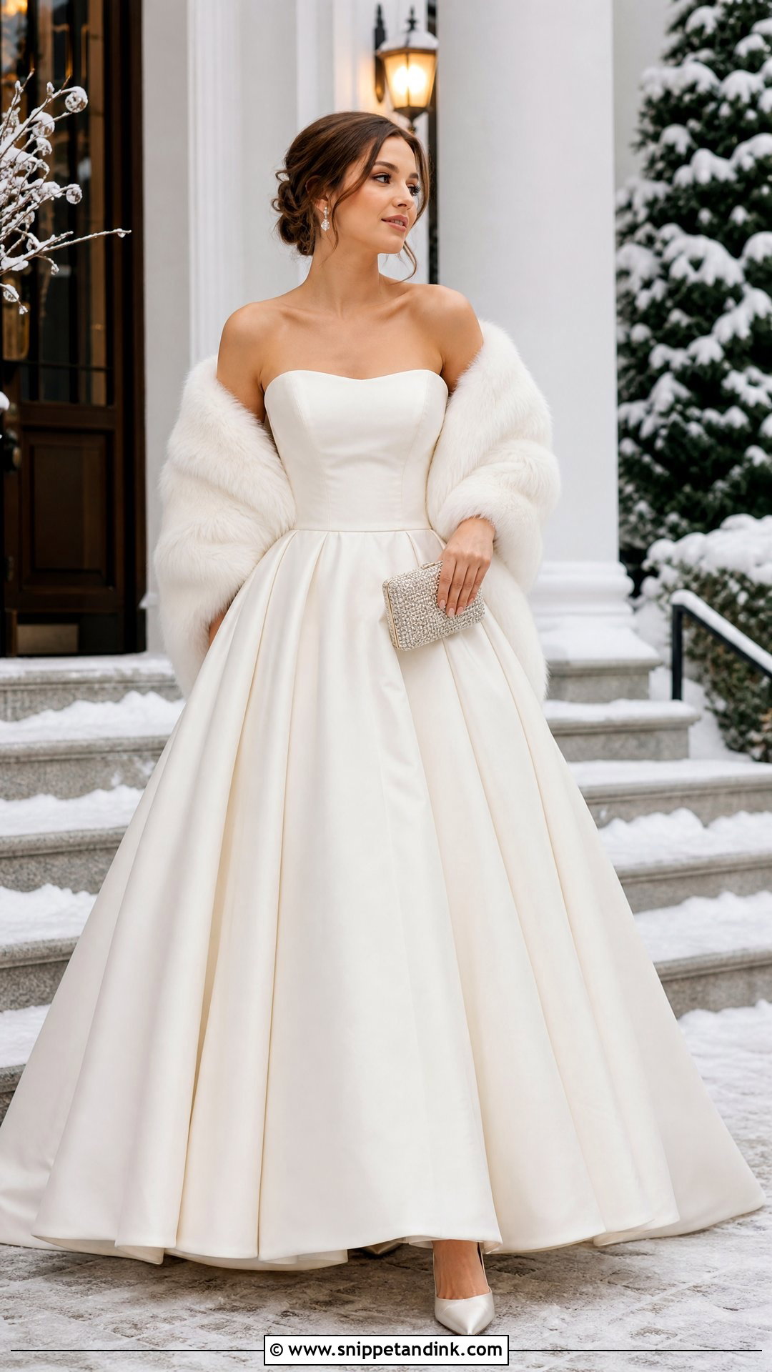 Faux Fur Stole With Strapless Winter Wedding Dress - Snippet and Ink - 25 Winter Wedding Dress Coverups Ideas