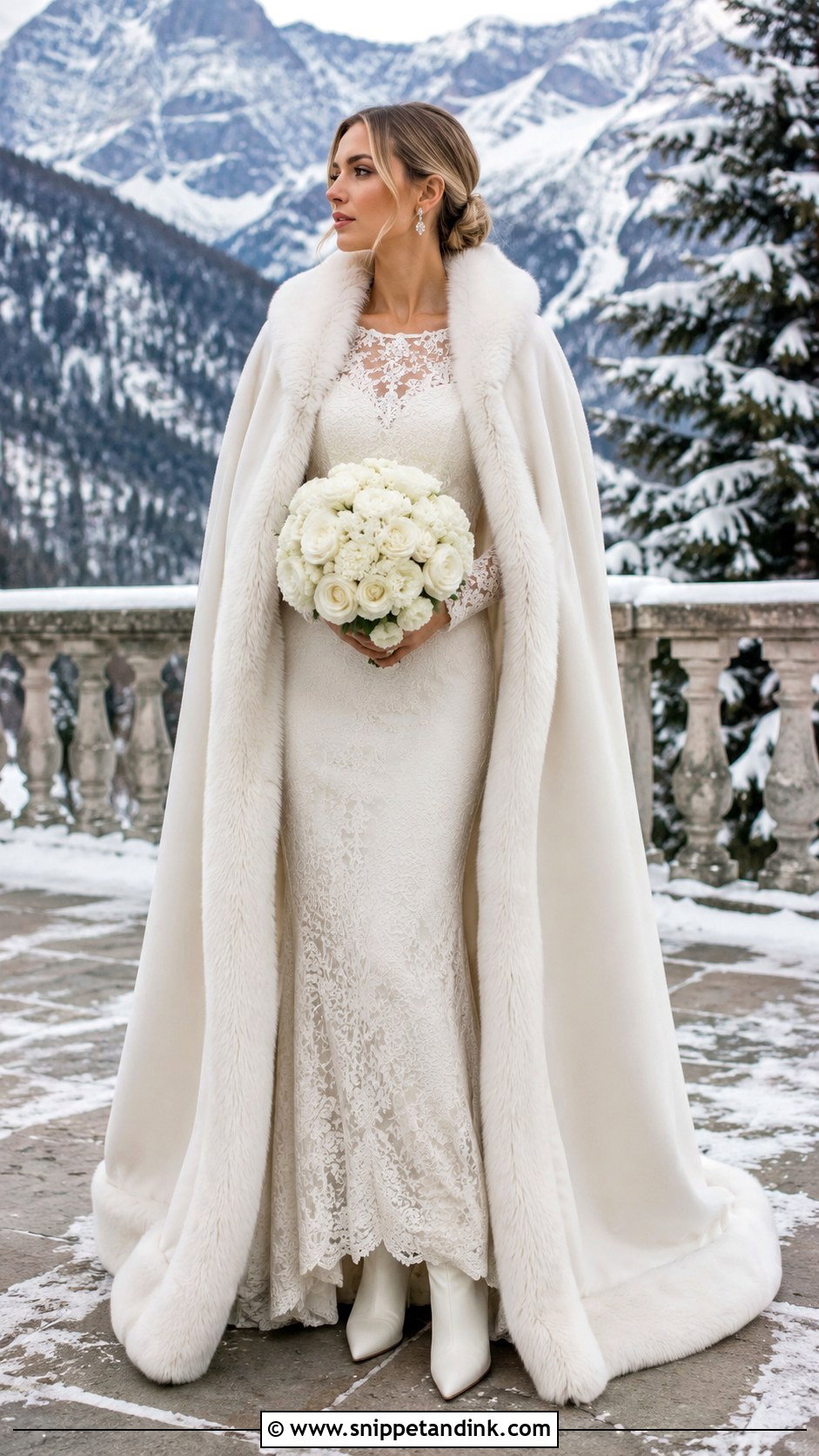 Faux Fur Trim Bridal Cloak With Long Sleeve Gown - Snippet and Ink - 20 Bridal Cloak Ideas