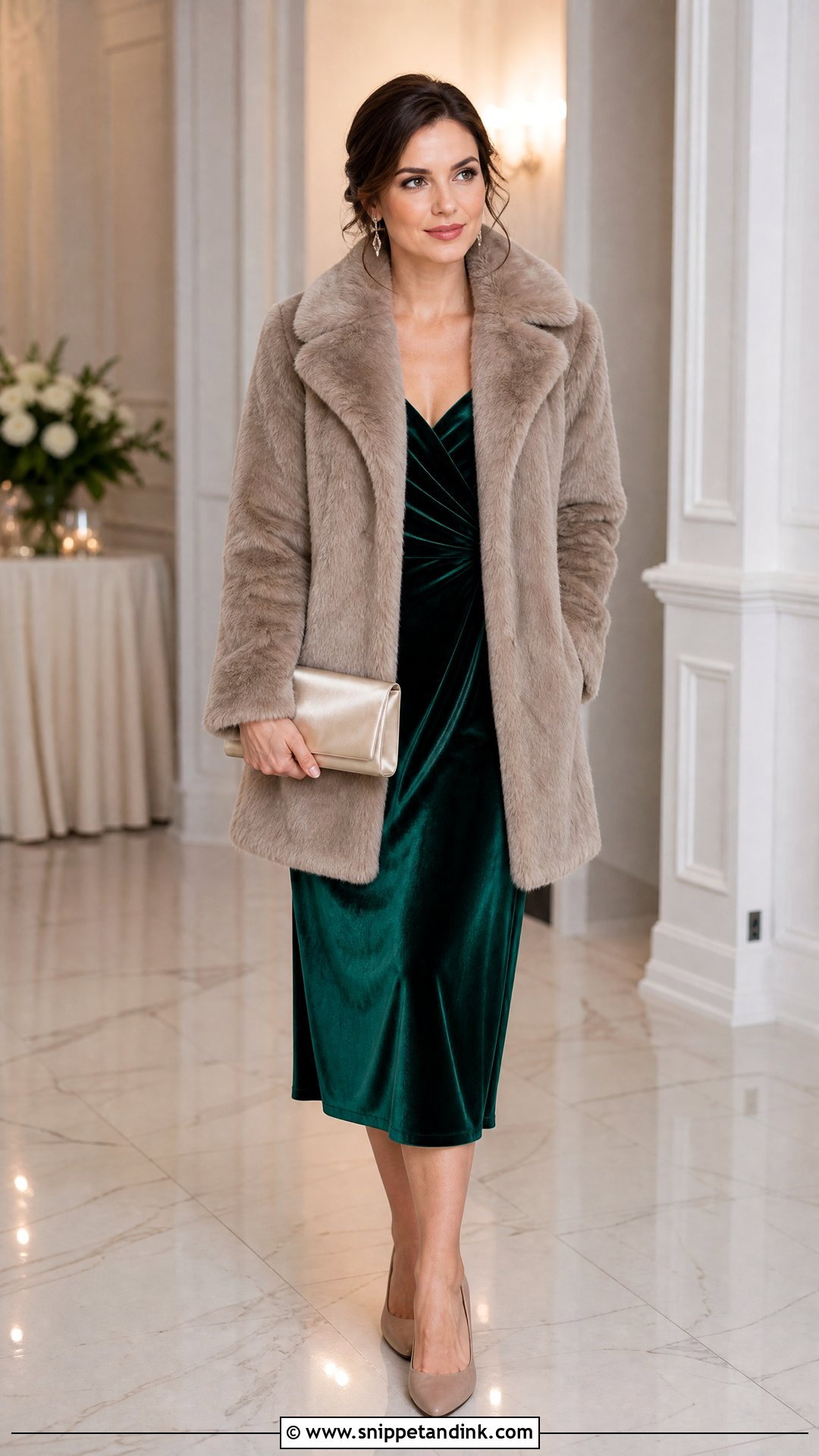 Faux Fur Wedding Coat With Velvet Dress - Snippet and Ink - 25 Wedding Coat Ideas