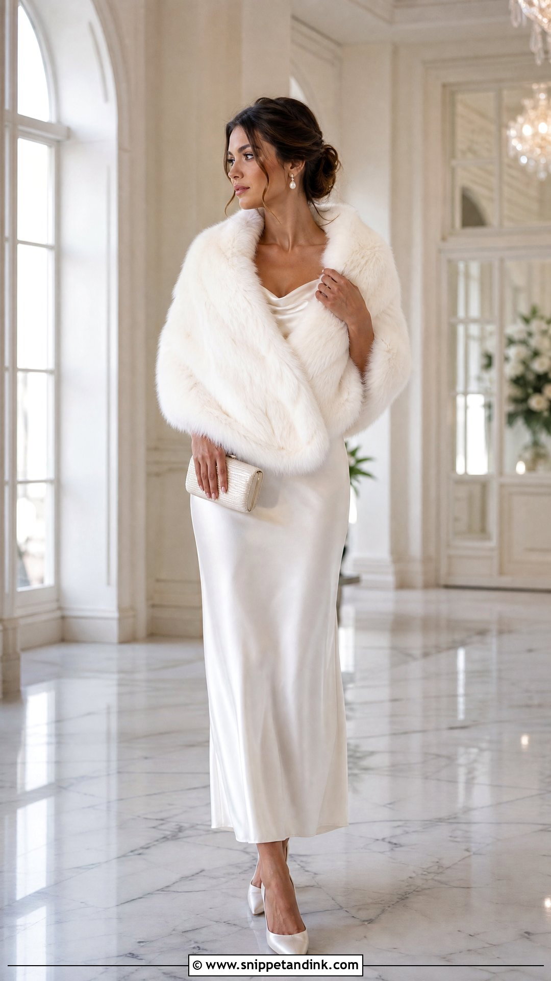 Faux Fur Wedding Wrap With Satin Gown - Snippet and Ink - 20 Wedding Wraps Ideas