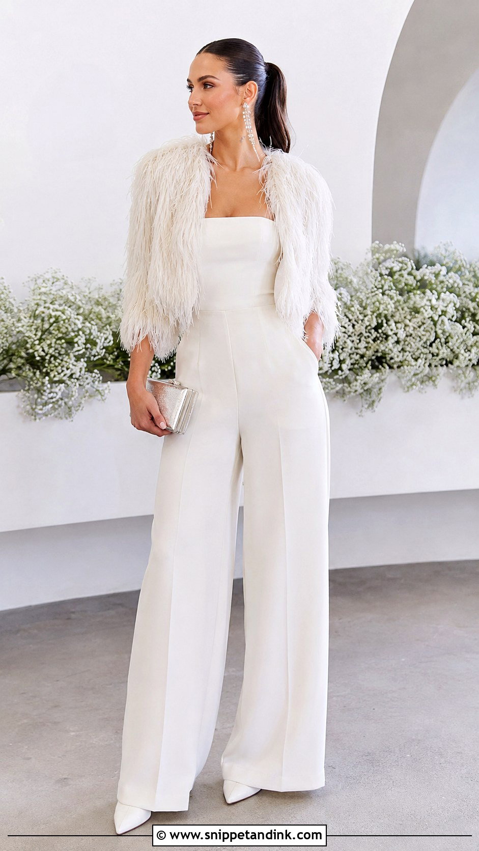 Feather Bridal Shrug With Bridal Jumpsuit - Snippet and Ink - 20 Bridal Shrug Ideas