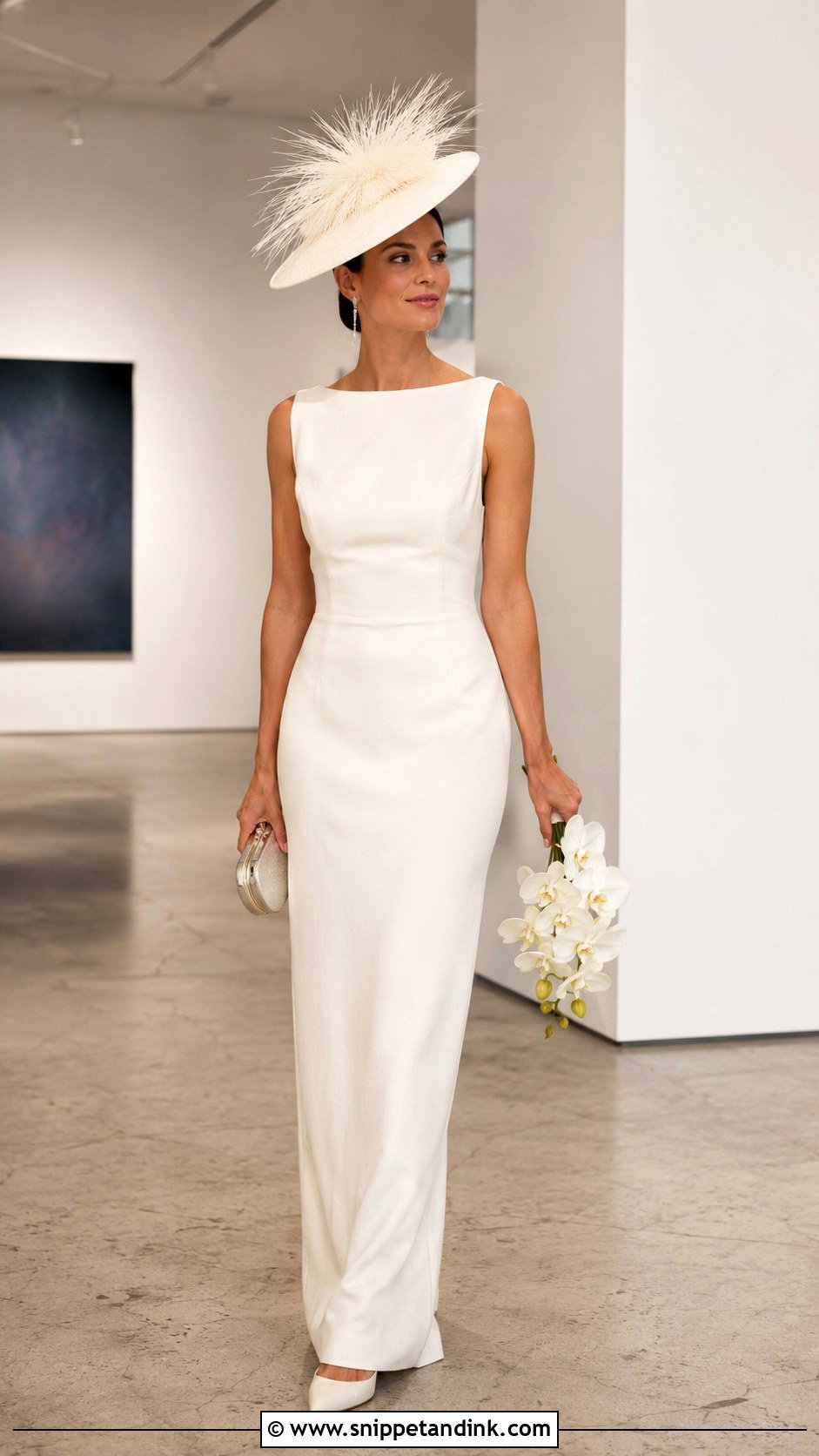 Feather Bride Hat With Column Dress - Snippet and Ink - 20 Bride with Hat Ideas