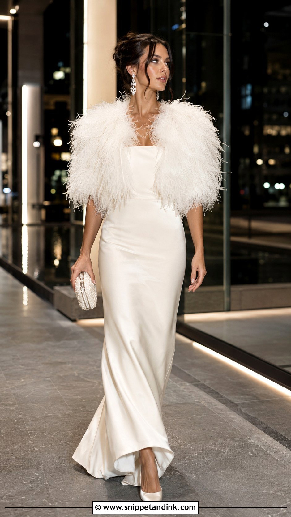 Feather Bride Shawl With Column Wedding Dress - Snippet and Ink - 20 Bride Shawl Ideas
